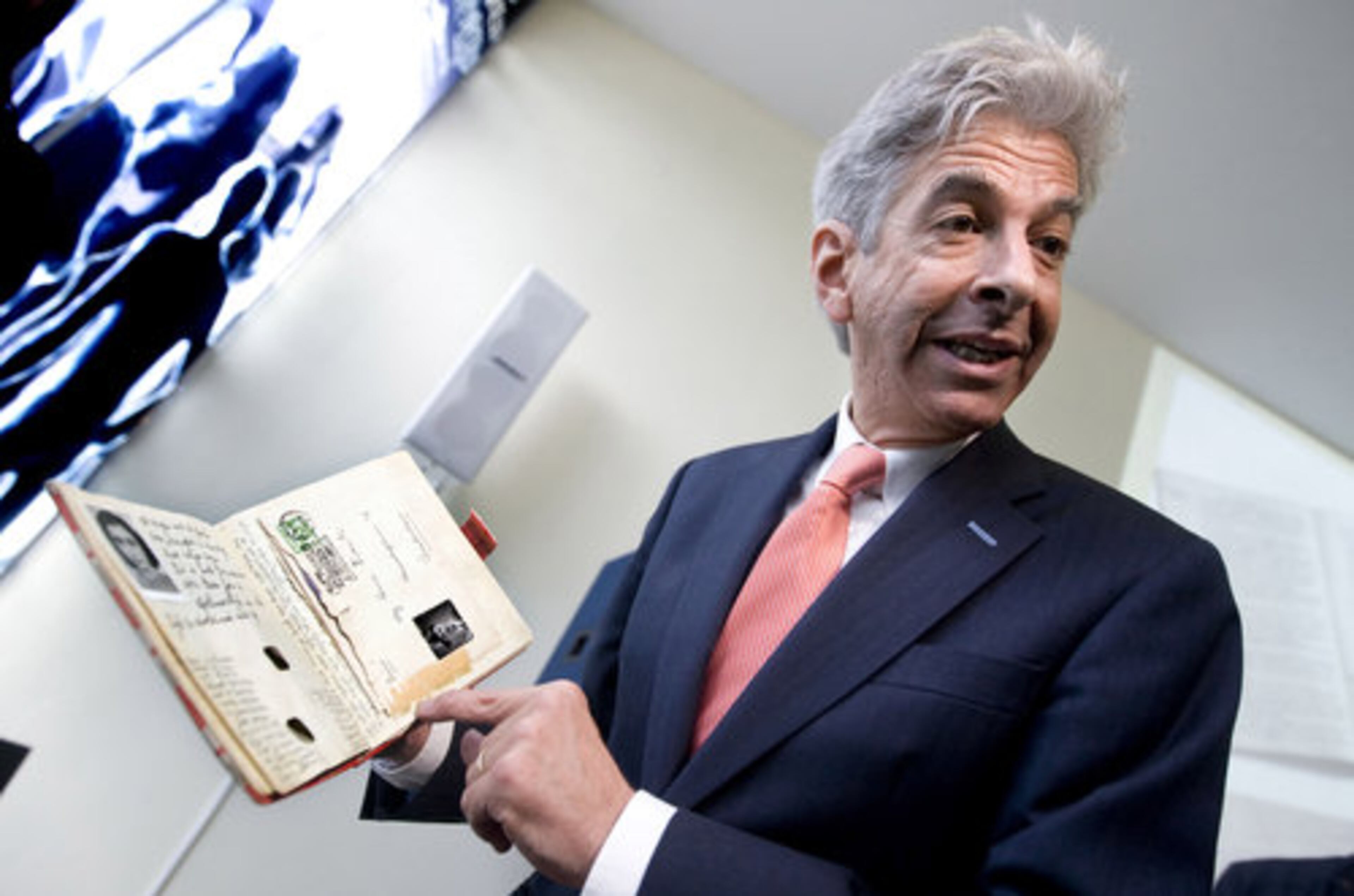 Dutch education minister Ronald Plasterk poses with a facsimile of Anne Frank's diary during a press conference at the Anne Frank House in Amsterdam, Netherlands. The museum says it will permanently exhibit her diaries and other writings as part of activities commemorating the 80th anniversary of her birth on June 12, 1929. Frank died aged 15 in a concentration camp, but her posthumously published diary has made her a symbol of all Jews killed in World War II.