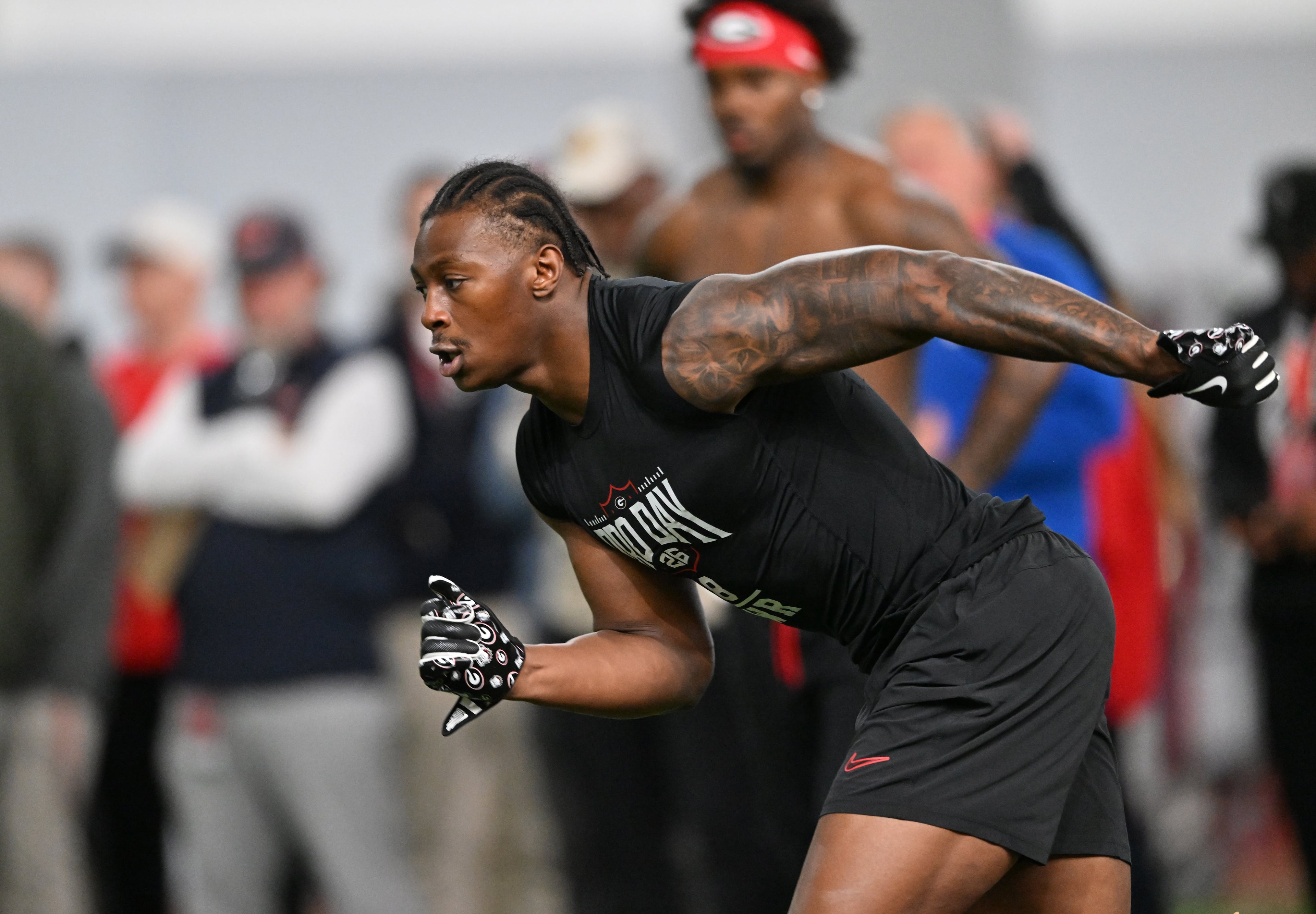 Georgia wide receiver Colbie Young runs a drill during Georgia's NFL Pro Day at Payne Indoor Athletic Facility, Wednesday, March 18, 2026, in Athens. (Hyosub Shin/AJC)