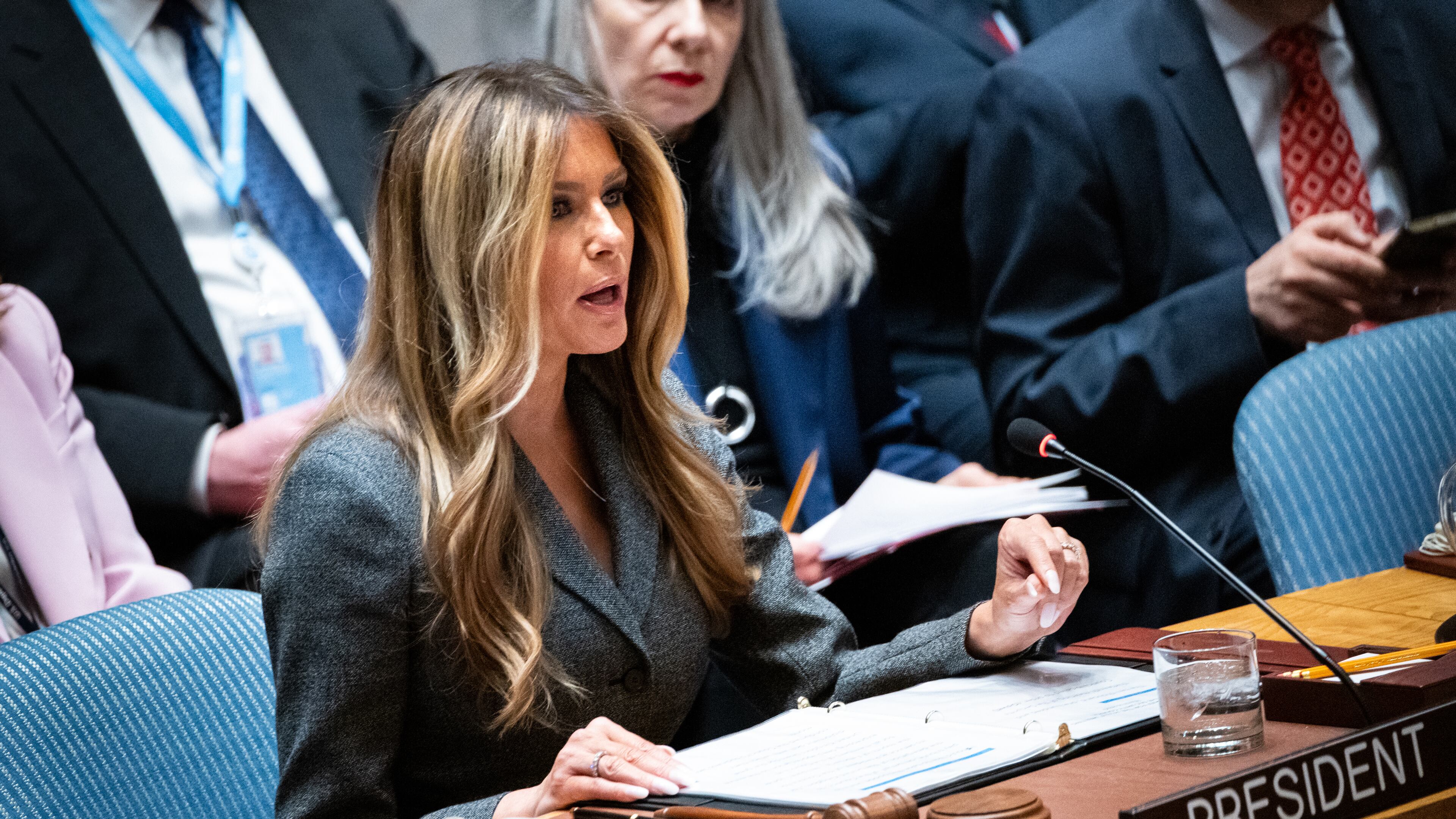 First lady Melania Trump presides over the United Nations Security Council at United Nations headquarters, Monday, March 2, 2026. (AP Photo/Angelina Katsanis)