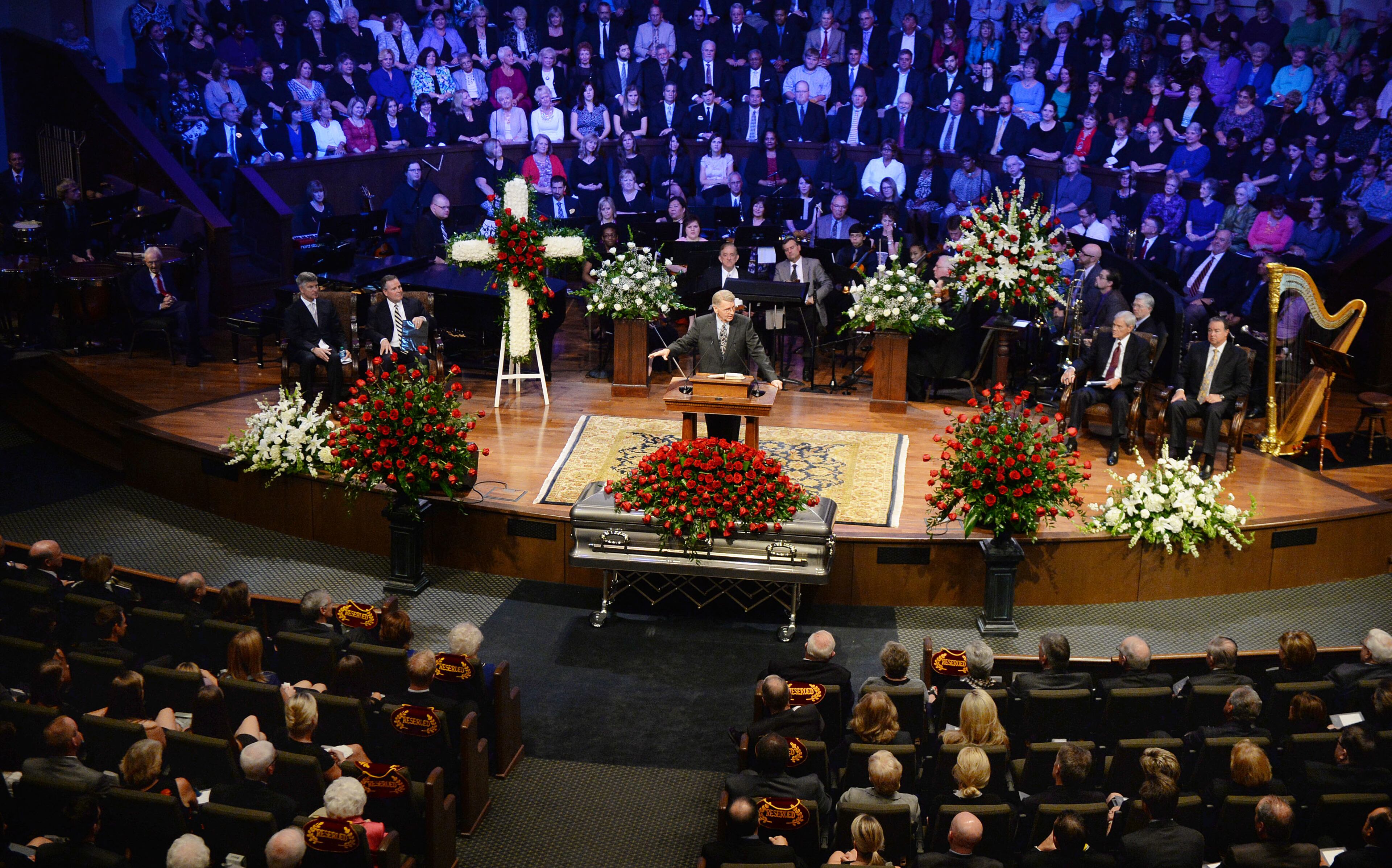 Dr Robert Skelton gives remarks during the funeral service for Chick-fil-A founder Truett Cathy at the First Baptist Church, Jonesboro, Wednesday September 10, 2014. Skelton retired in 2012 as senior director of the WinShape Foundation's students and international division. Truett Cathy established WinShape with a desire to "shape winners" by helping young people succeed in life through scholarships and other youth-support programs.