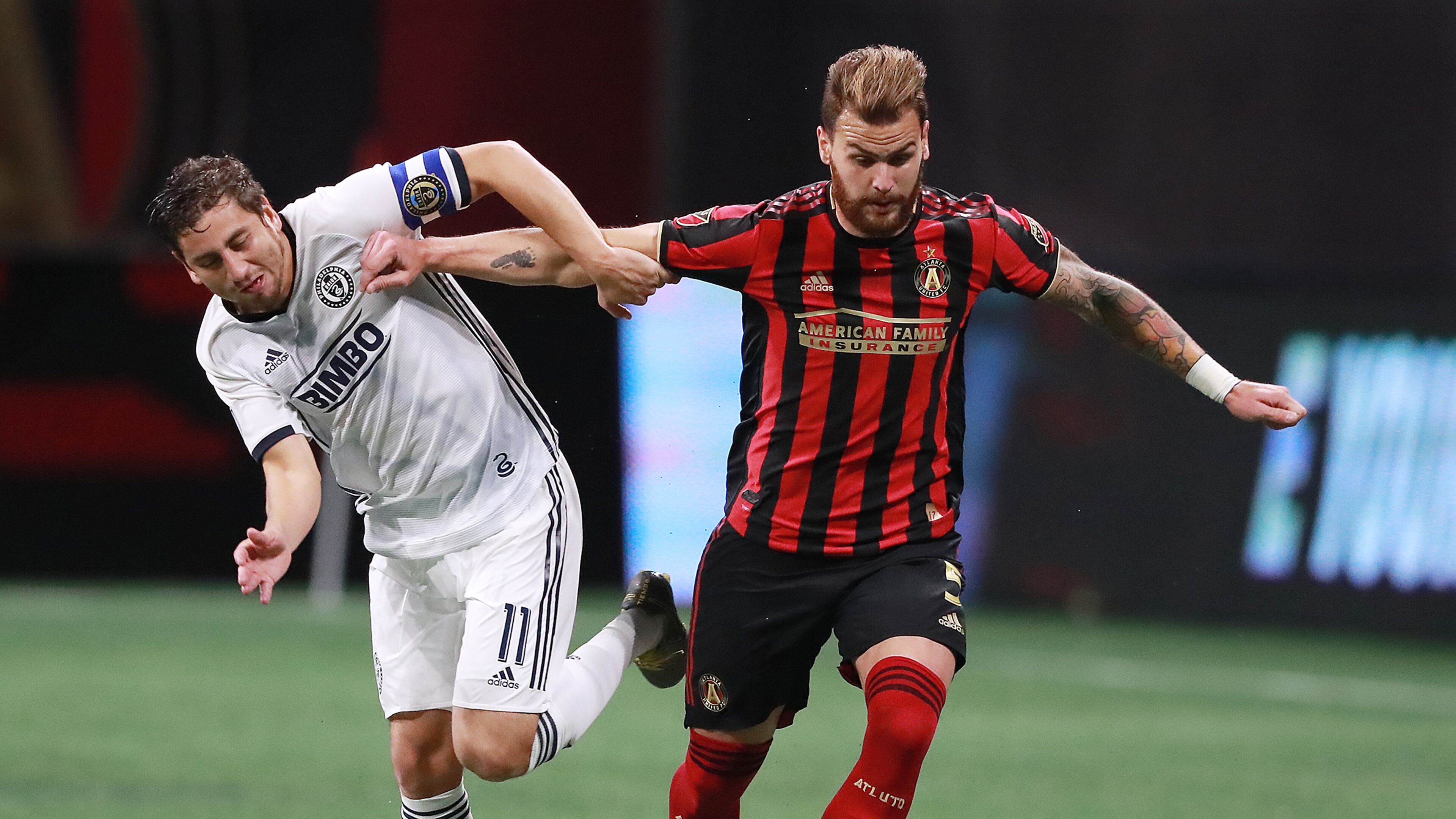 March 17, 2019 Atlanta: Atlanta United defender Leandro Gonzalez Pirez battles Philadelphia Union midfielder Alejandro Bedoya for the ball during the first half in a MLS soccer match on Sunday, March 17, 2019, in Atlanta. Curtis Compton/ccompton@ajc.com