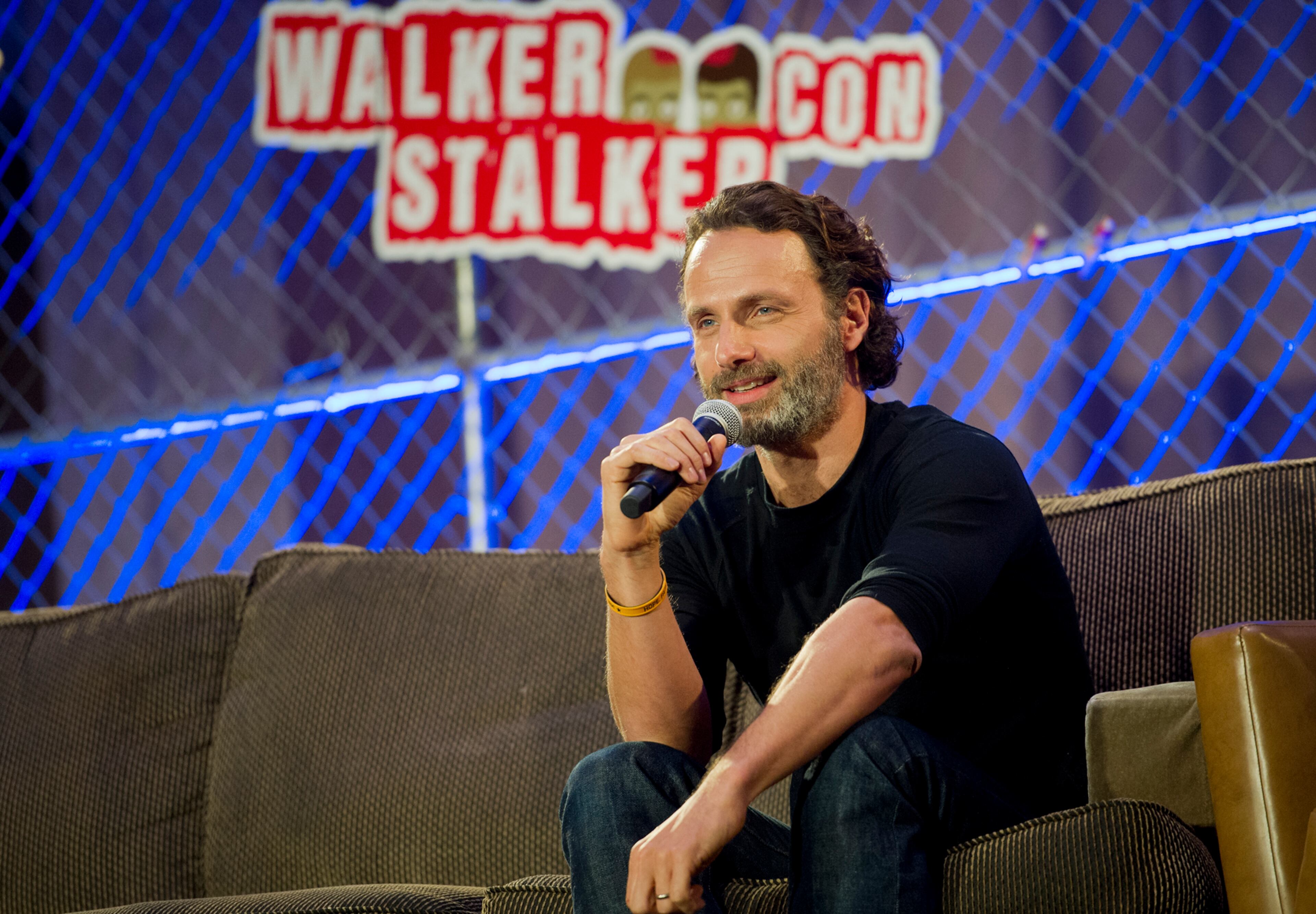 Andrew Lincoln, who plays Rick Grimes on "The Walking Dead," speaks during Walker Stalker Con at the Atlanta Convention Center at AmericasMart on Nov. 2, 2013.