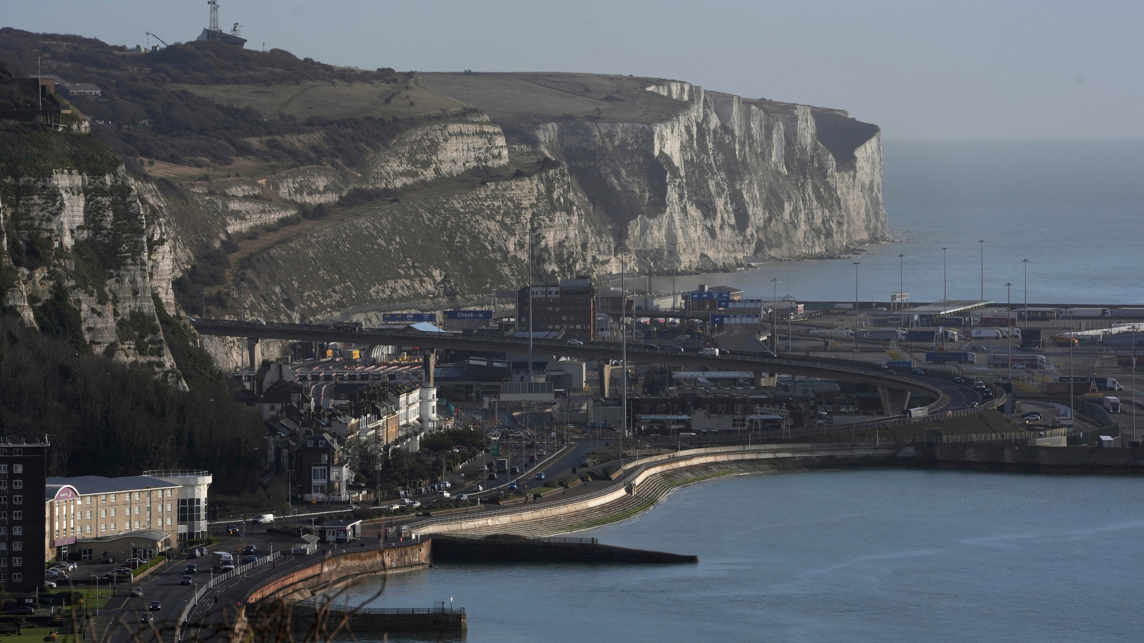 FILE - A general view of the port of Dover with the coastguard station, top left, in Dover, England, Feb. 26, 2025. (AP Photo/Kin Cheung, File)