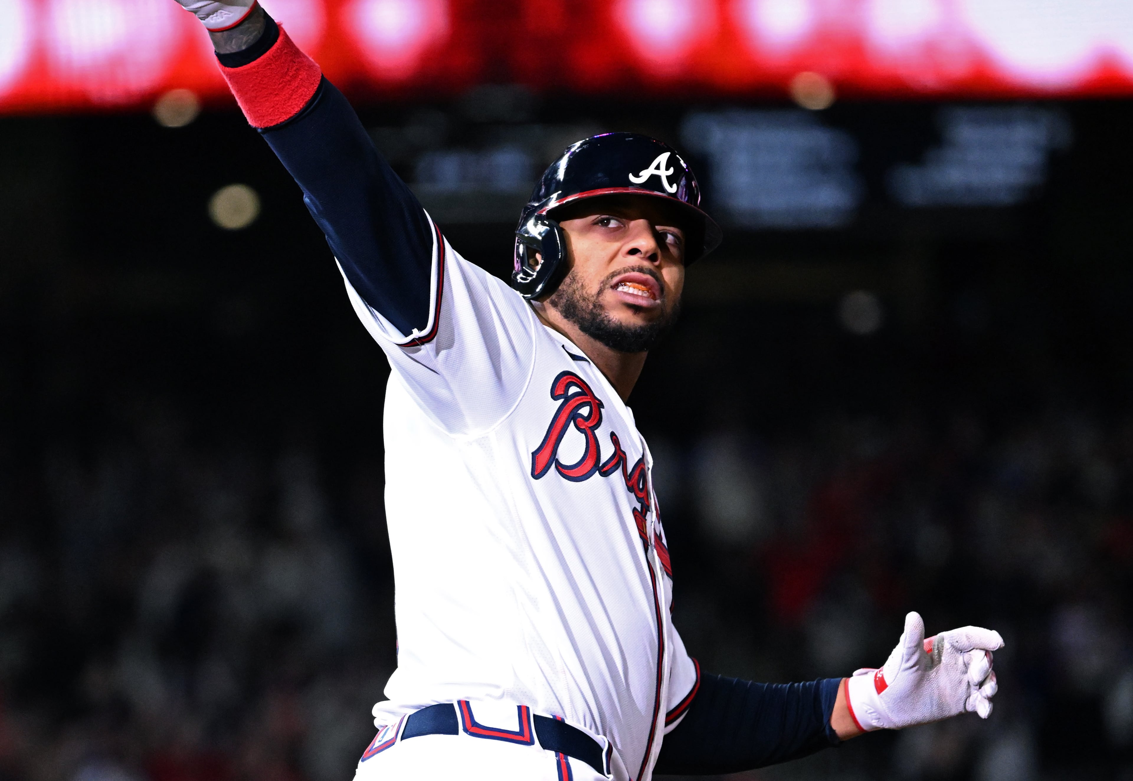Atlanta Braves Dominic Smith hits a grand slam to win 6-2 over Kansas City Royals during the 9th inning of a baseball game at Truist Park, Saturday, March 28, 2026, in Atlanta. (Hyosub Shin/AJC)