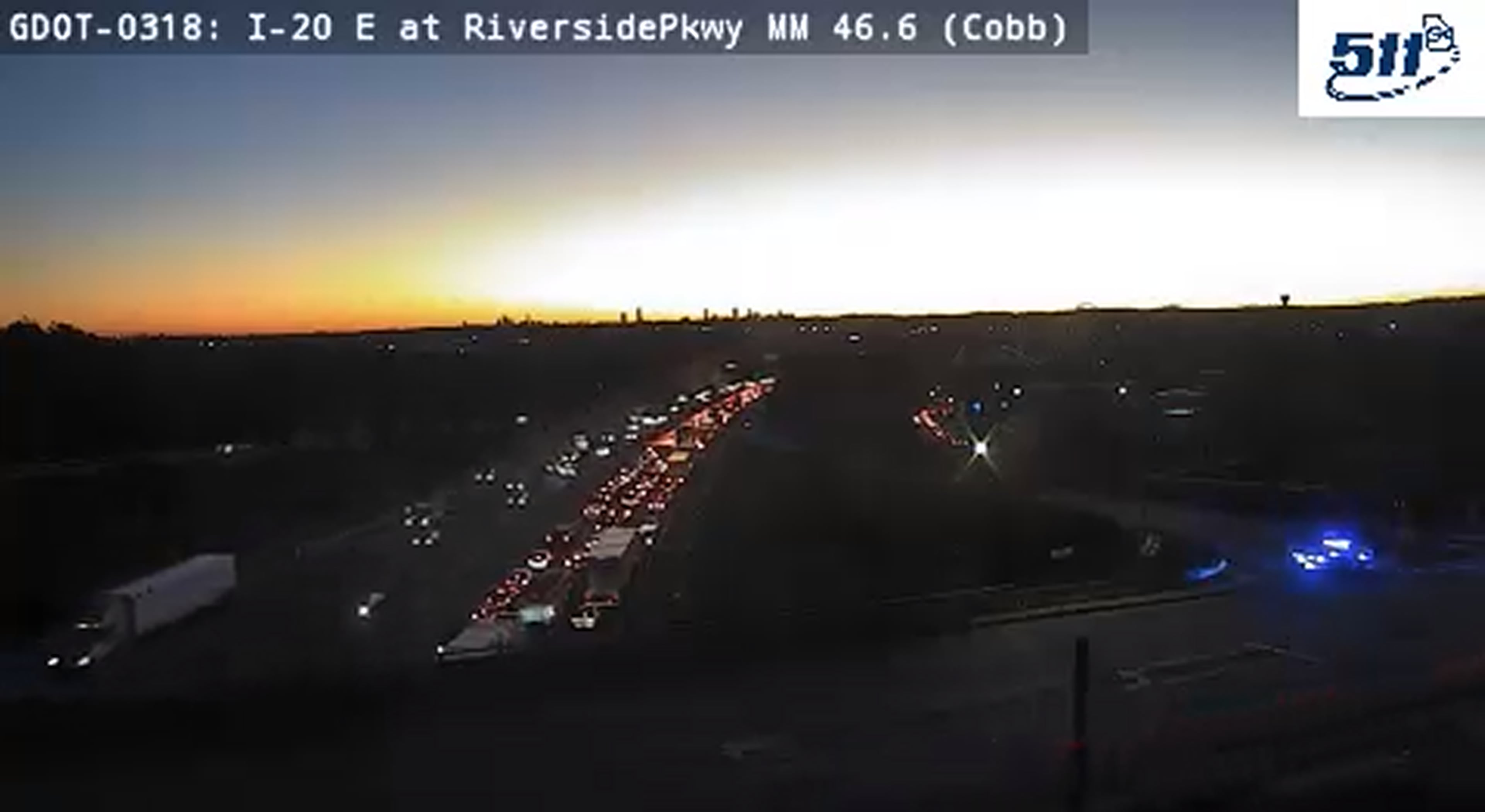 A tractor-trailer crash left traffic backed up about 8 miles on I-20 East early Monday, Nov. 17, 2025. (Courtesy of Georgia Department of Transportation)