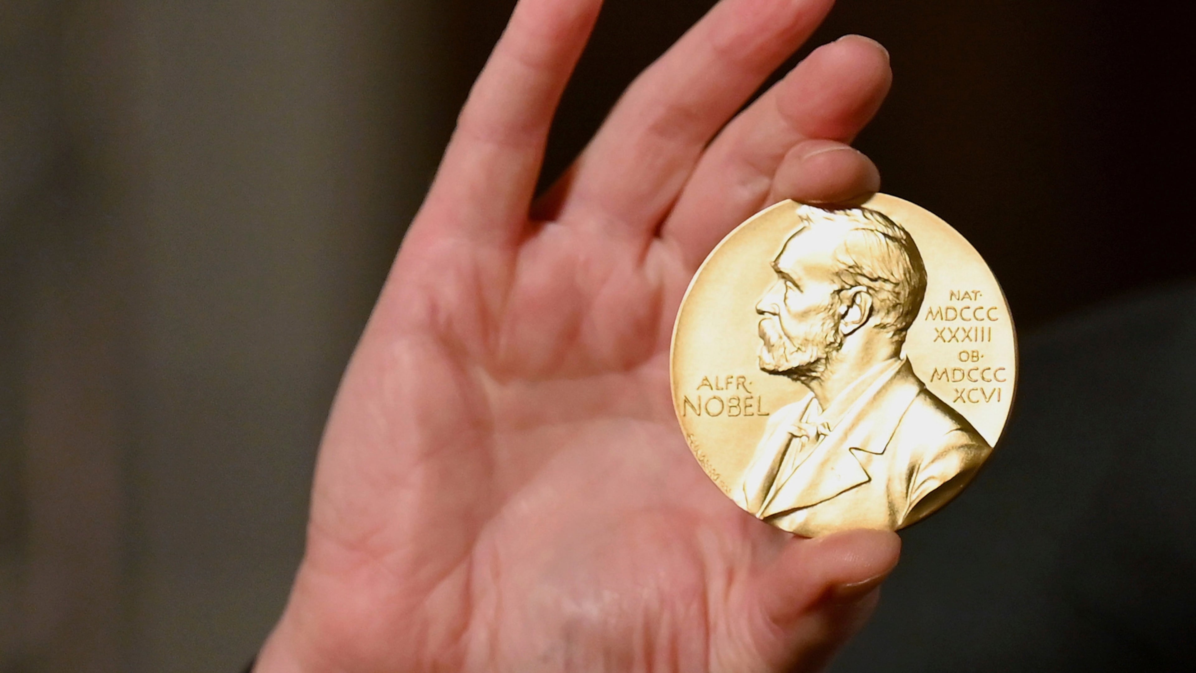 FILE - A Nobel medal is held up during a ceremony in New York, Dec. 8, 2020. (Angela Weiss/Pool Photo via AP, File)