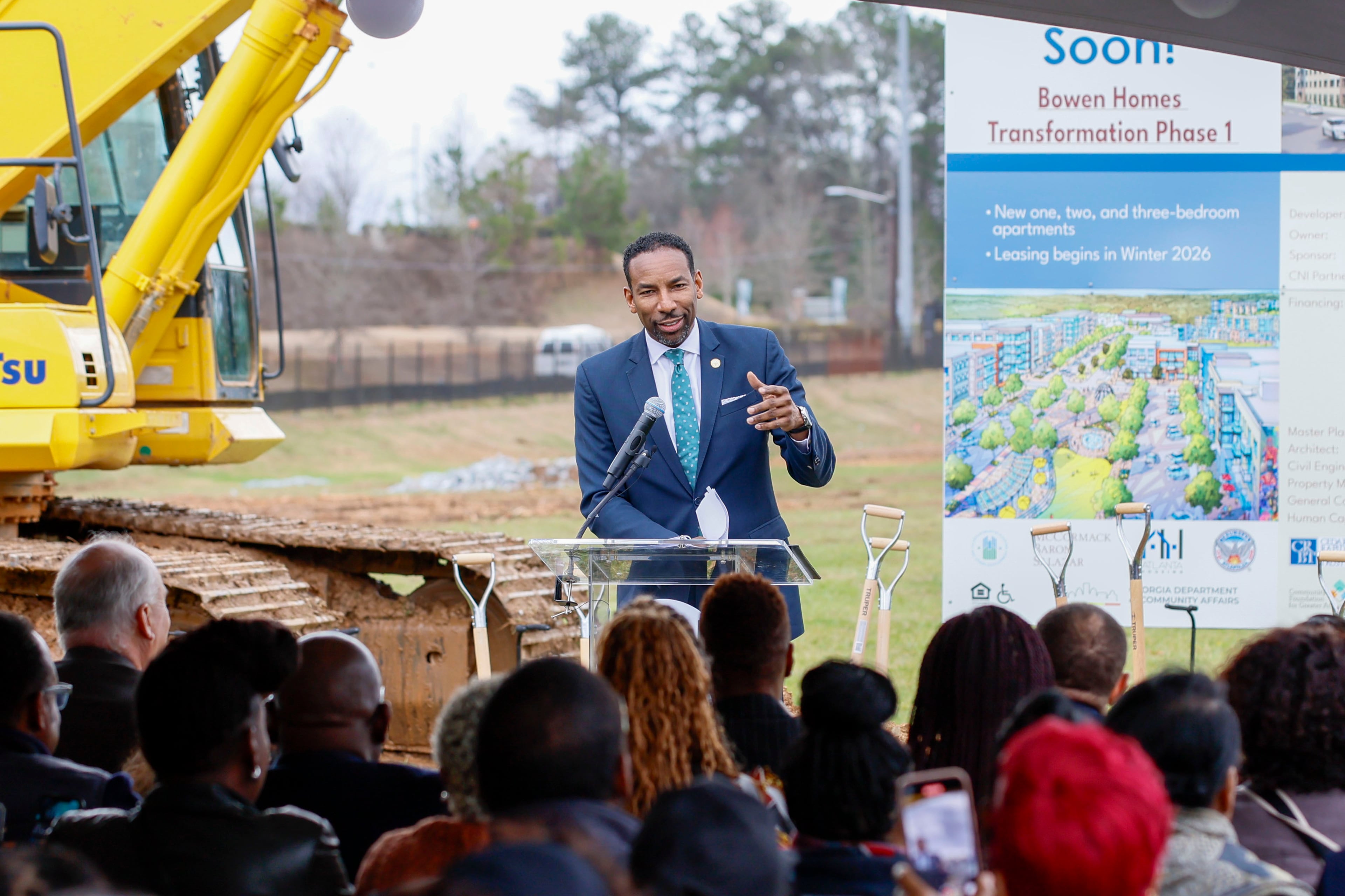 Atlanta Mayor Andre Dickens gives his remarks during the groundbreaking ceremony for the mixed-homes redevelopment of Bowen Homes phase 1 on Wednesday, March 5, 2025.
(Miguel Martinez/ AJC)