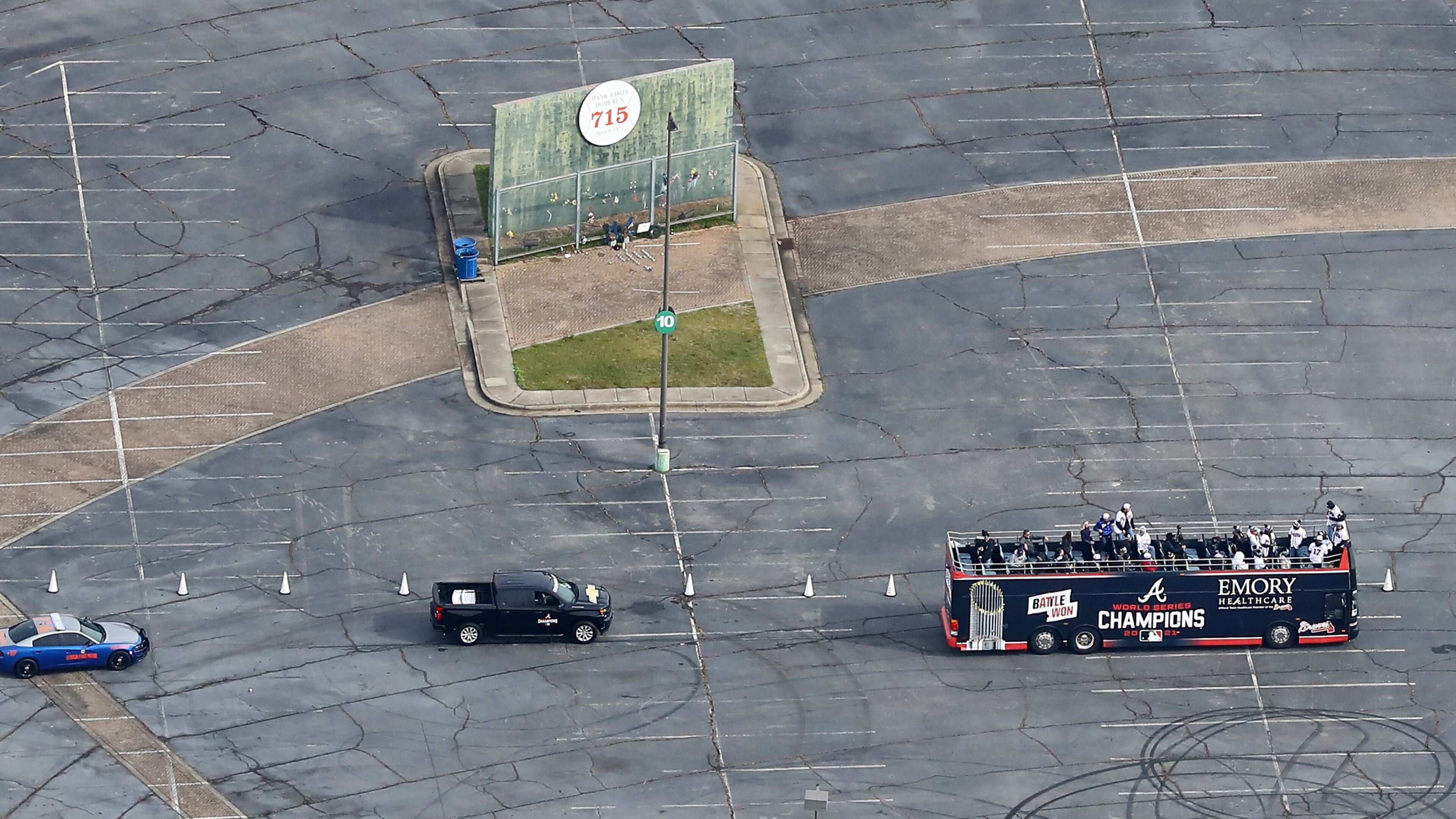 110521 ATLANTA: The Atlanta Braves World Series Championship Parade and celebration passes by the marker and monument of the spot where Hank Aaron hit his 715th career home in 1974 on the site of the former Atlanta-Fulton County Stadium. Curtis Compton / Curtis.Compton@ajc.com