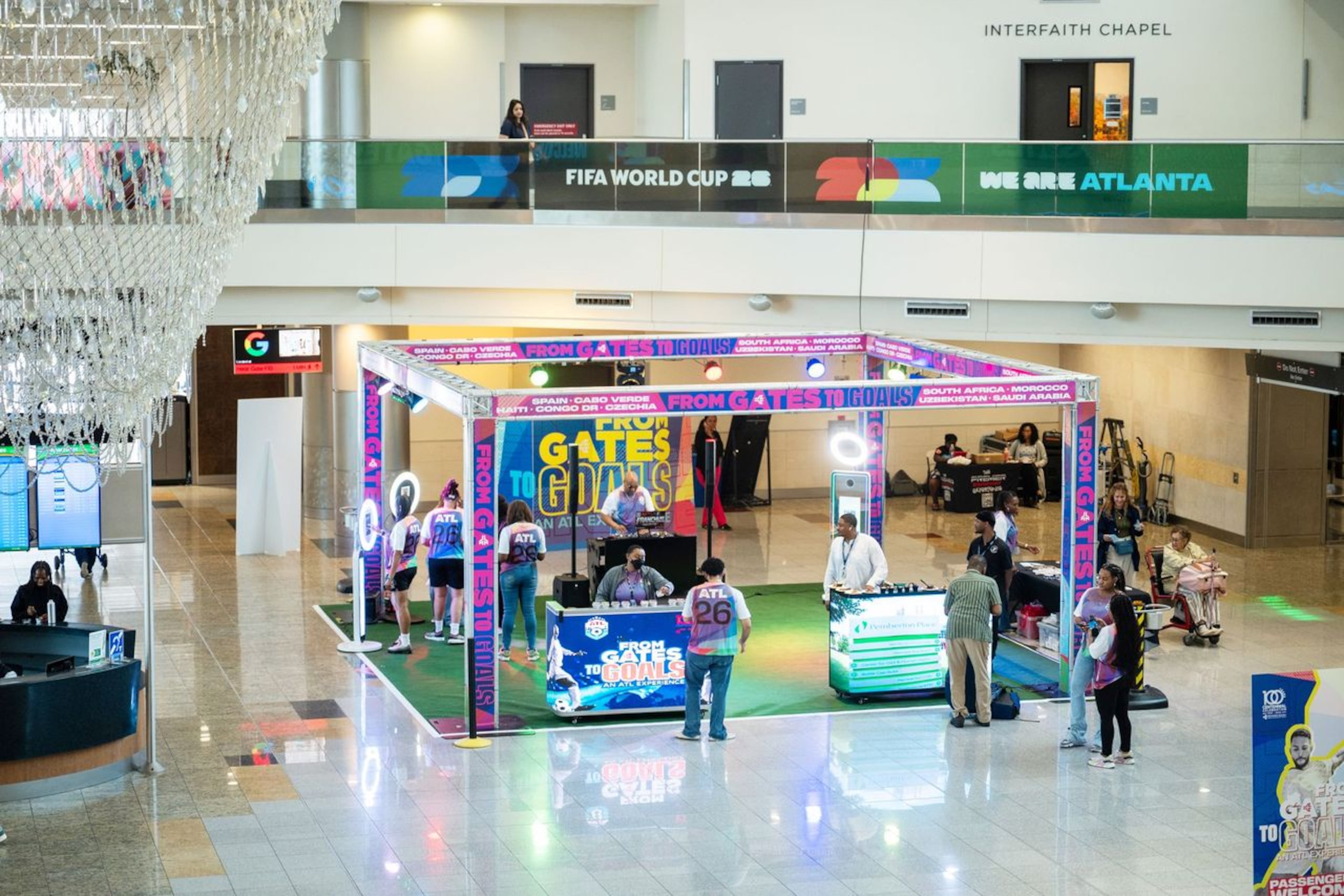 FIFA accents are spread across the airport these days through its Gates to Goals marketing campaign. That includes an interactive virtual mini soccer field installation on Concourse F. (Courtesy of Hartsfield-Jackson Atlanta International Airport)