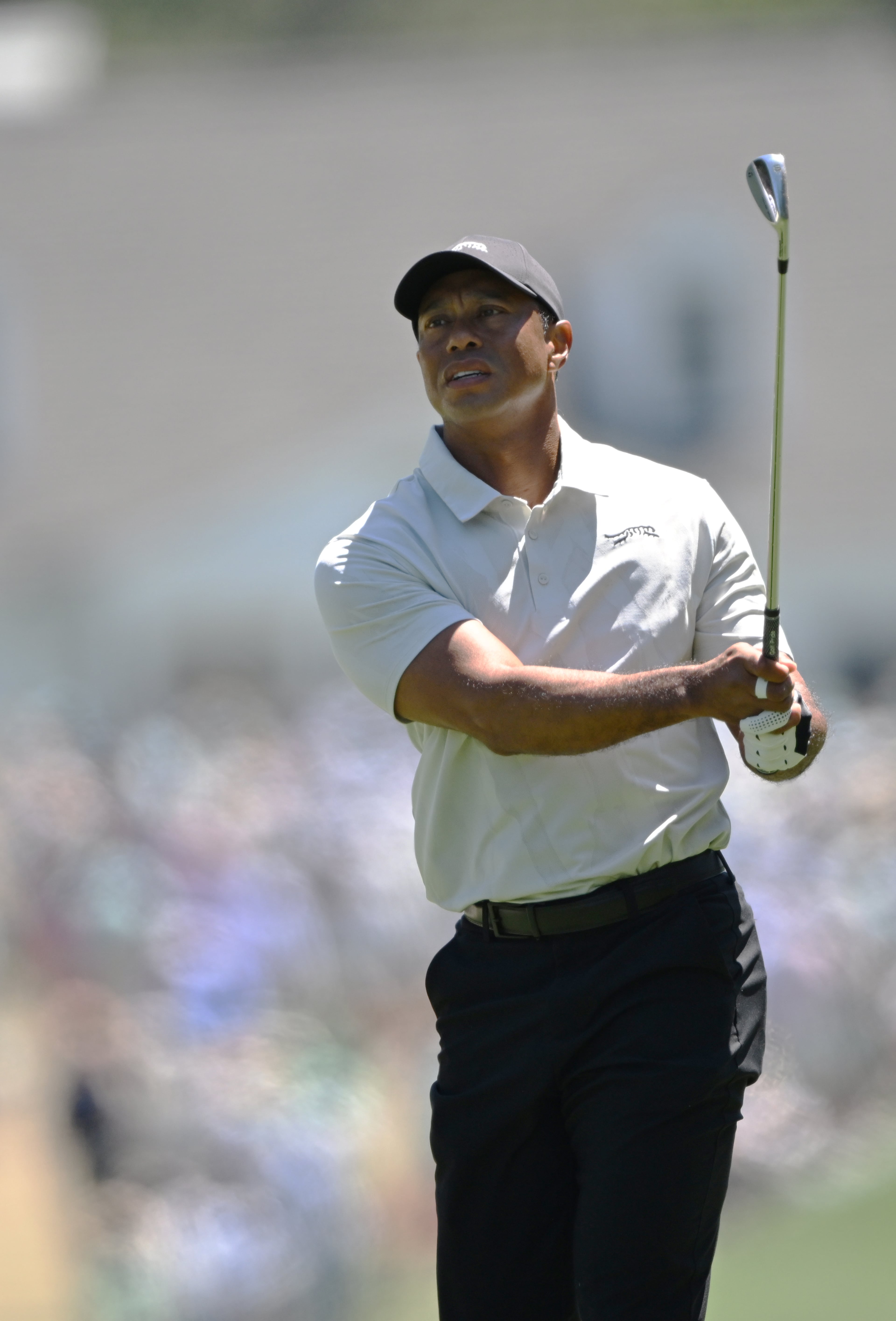 Tiger Woods hits on first fairway during third round at the 2024 Masters Tournament at Augusta National Golf Club, Saturday, April 13, 2024, in Augusta, Ga. (Hyosub Shin / Hyosub.Shin@ajc.com)