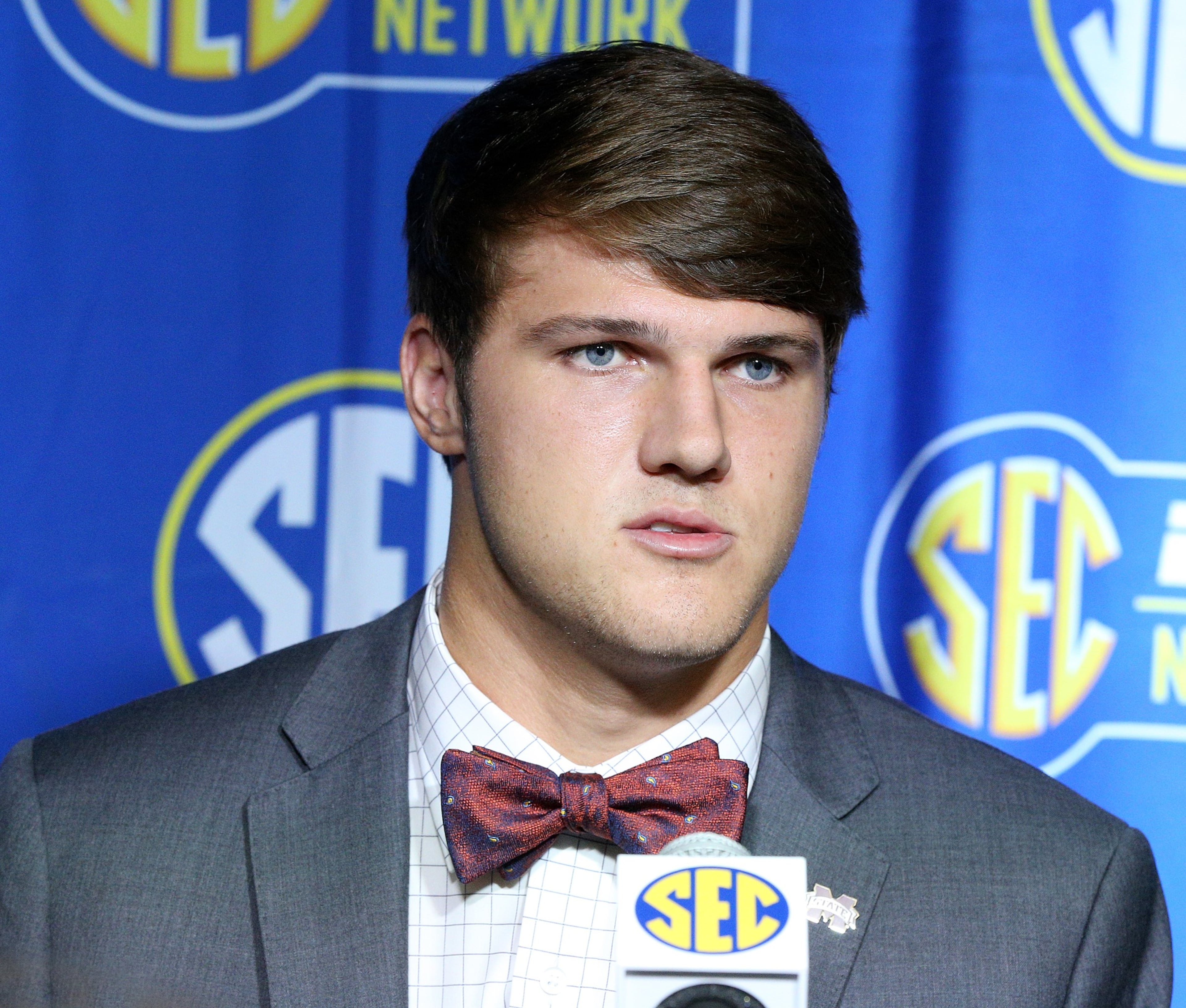 July 18, 2018 Atlanta: Mississippi State quarterback Nick Fitzgerald holds his SEC Media Days press conference at the College Football Hall of Fame on Wednesday, July 18, 2018, in Atlanta. Curtis Compton/ccompton@ajc.com