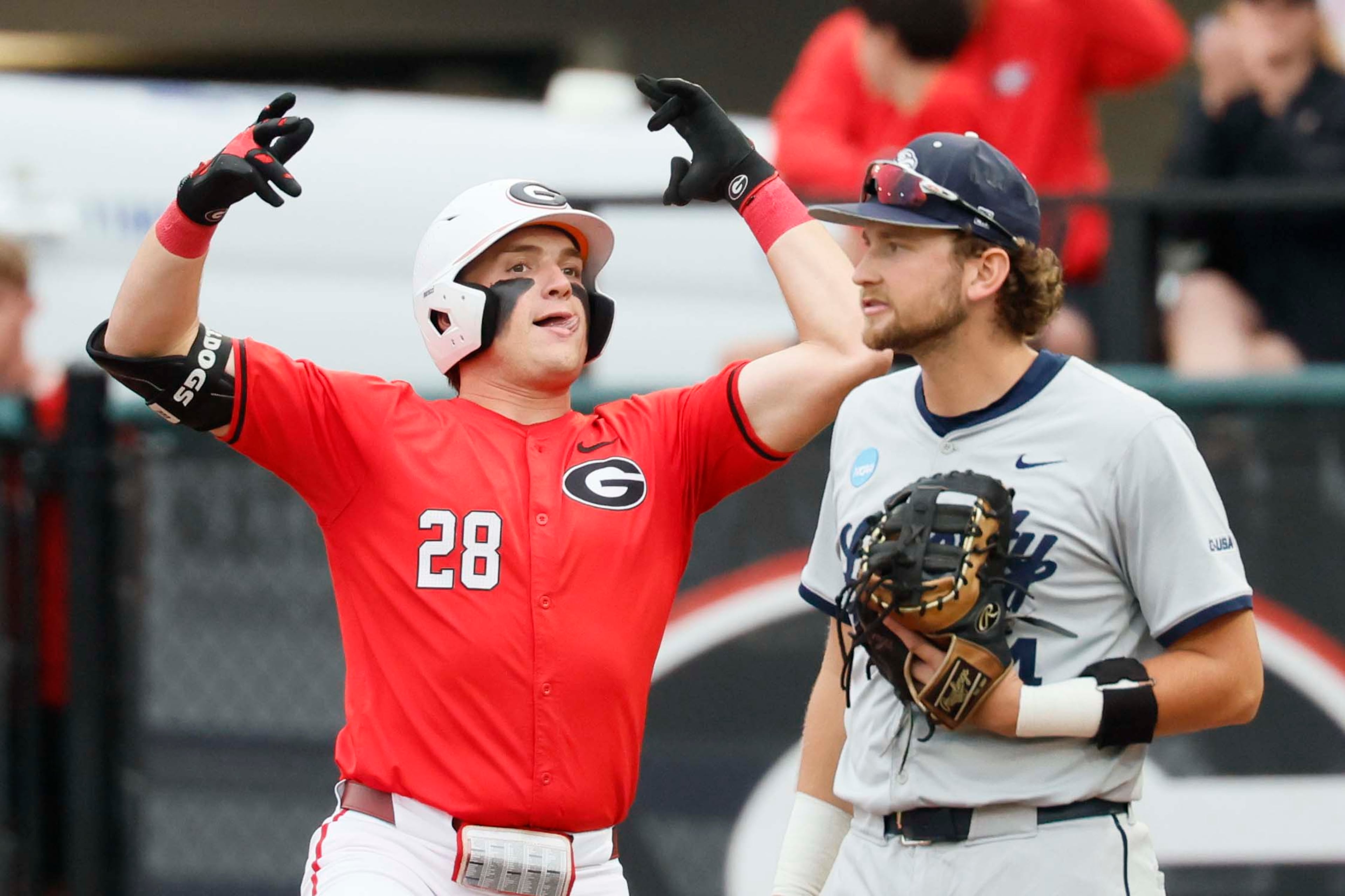 Georgia Bulldogs catcher Brennan Hudson (28) reacts after a single during the seventh inning of their NCAA Regional final game at Foley Field on Sunday, May 31, 2026, in Athens. (Miguel Martinez/AJC)
