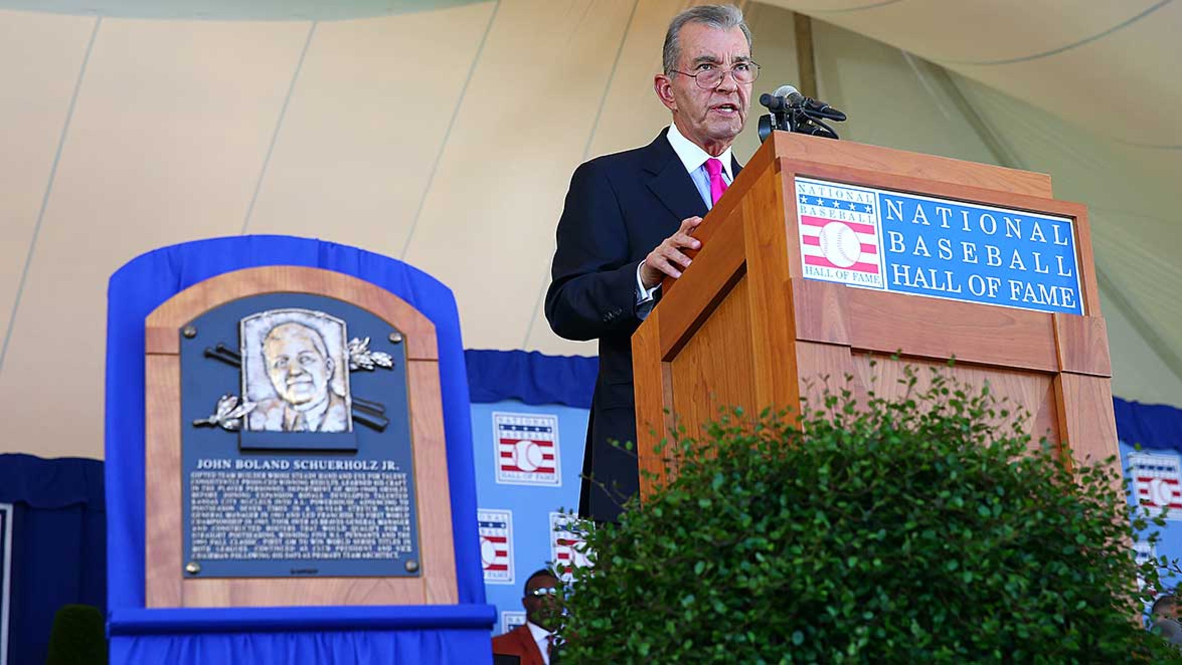 John Schuerholz gives his induction speech during the Baseball Hall of Fame induction ceremony on July 30, 2017 in Cooperstown, New York.