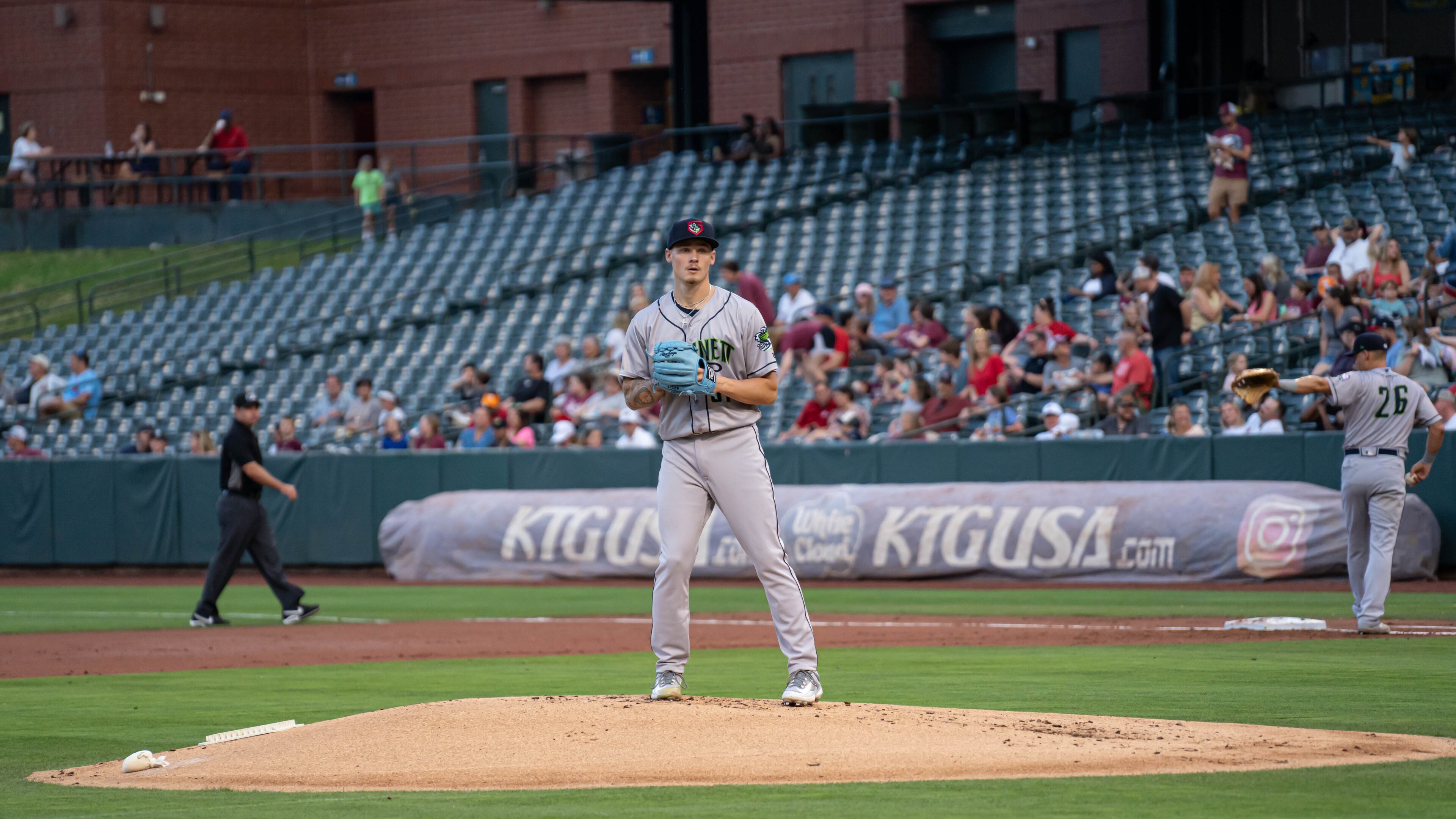 Braves prospect AJ Smith-Shawver pitches for the Gwinnett Stripers. (Photo courtesy of the Memphis Redbirds)