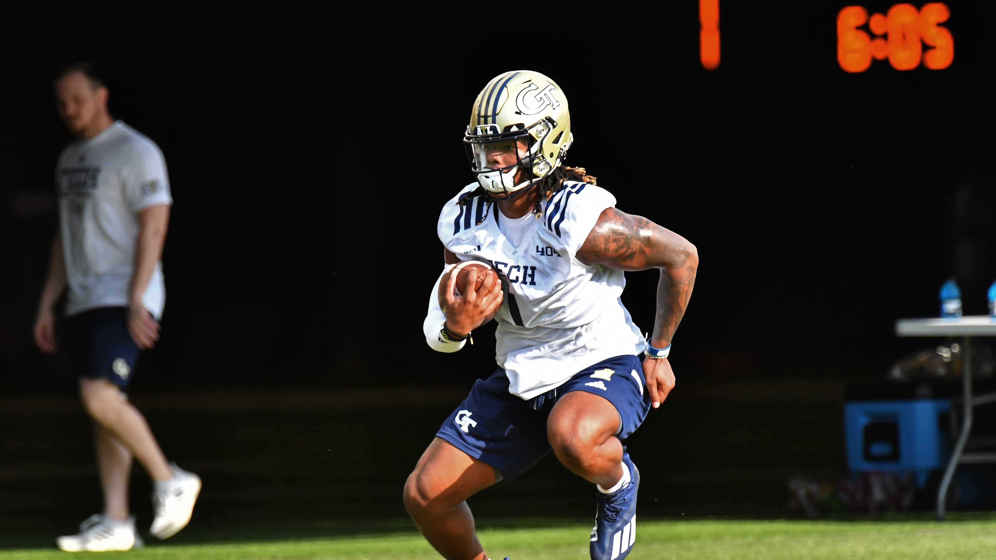 August 6, 2021 Atlanta - Georgia Tech's running back Jahmyr Gibbs (1) runs a drill during a football practice at Rose Bowl Field on Georgia Tech Campus in Atlanta on Friday, August 6, 2021. (Hyosub Shin / Hyosub.Shin@ajc.com)