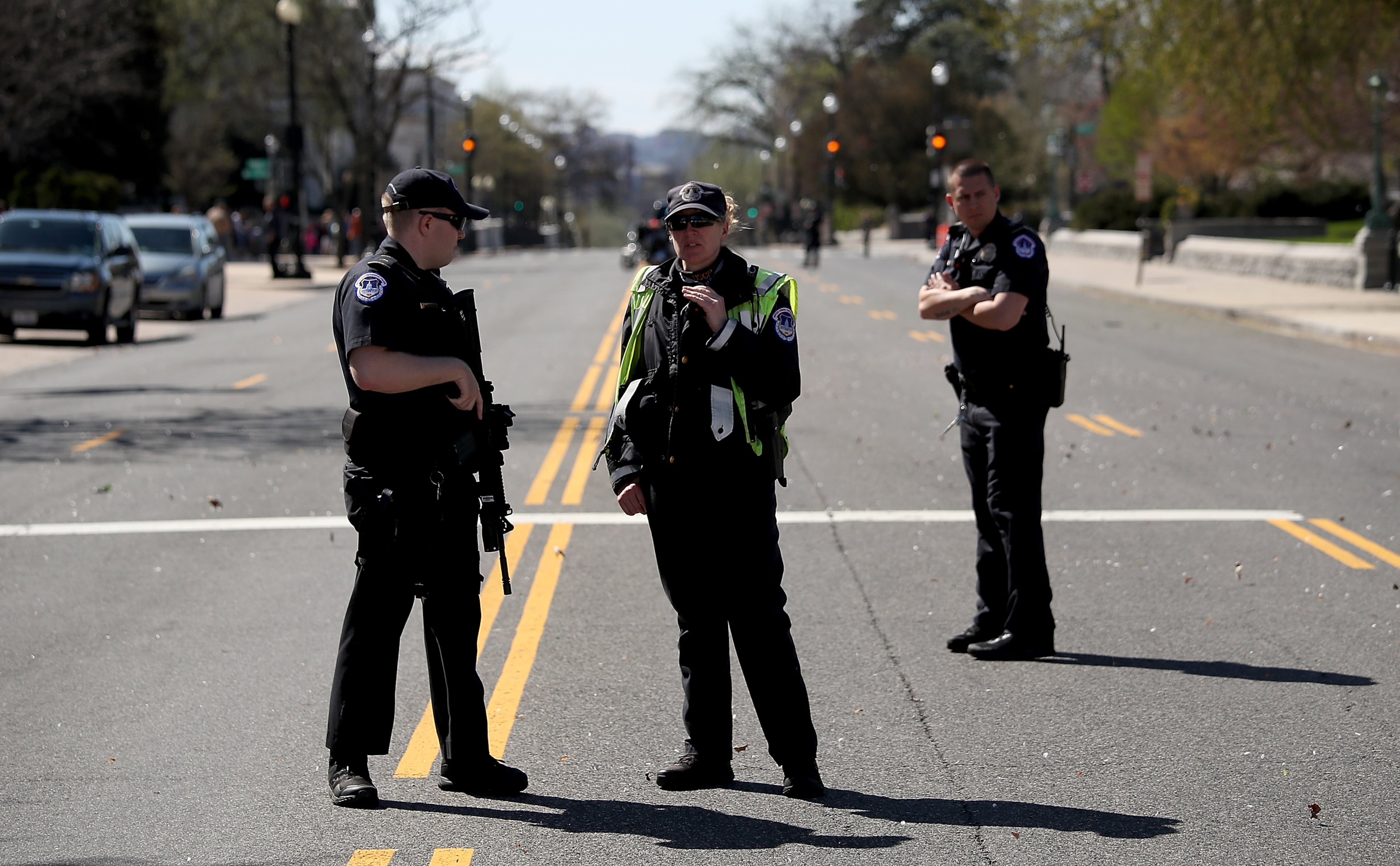 U.S. Capitol police stand guard outside the U.S. Capitol after at least one person was shot in the Capitol Visitor Center March 28, 2016 in Washington, DC. The Capitol was placed in "lock down" following the shooting. (Photo by Win McNamee/Getty Images)