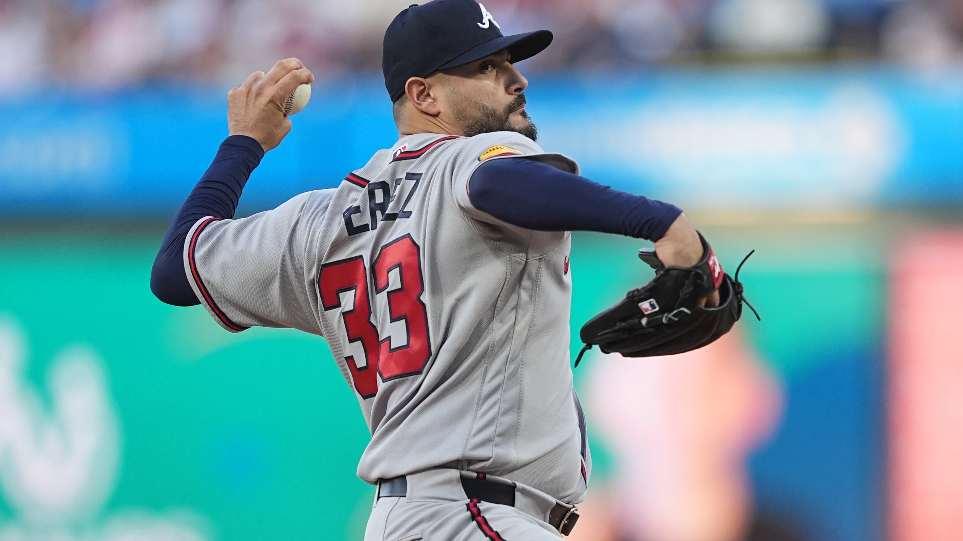 Atlanta Braves' Martin Perez pitches during the first inning of a baseball game against the Philadelphia Phillies, Friday, April 17, 2026, in Philadelphia. (AP Photo/Matt Rourke)