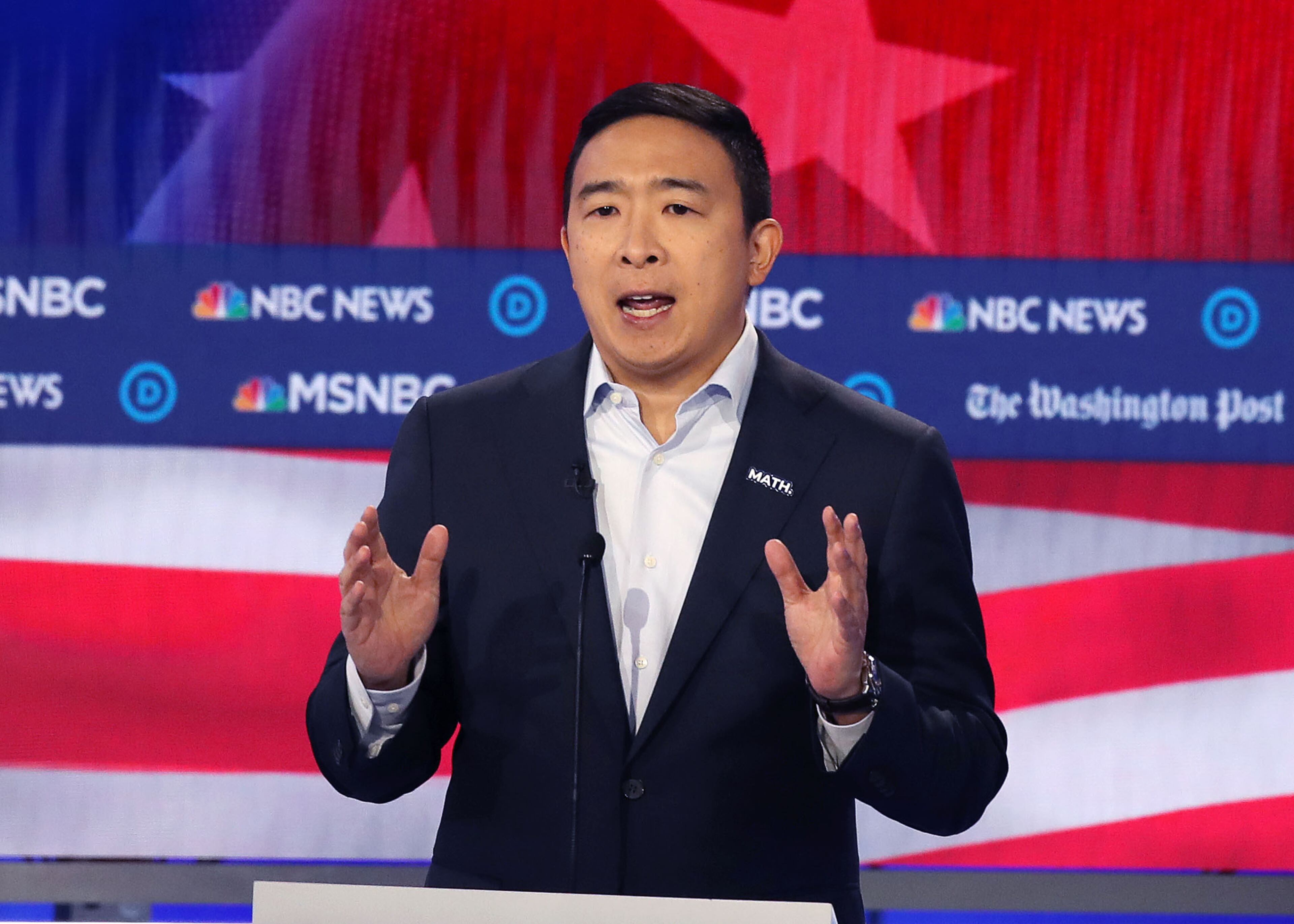 11/20/2019 -- Atlanta, Georgia -- Businessman Andrew Yang speaks, during the MSNBC/The Washington Post Democratic Presidential debate inside the Oprah Winfrey Soundstage at Tyler Perry Studios, Monday, November 20, 2019. (Alyssa Pointer/Atlanta Journal Constitution)