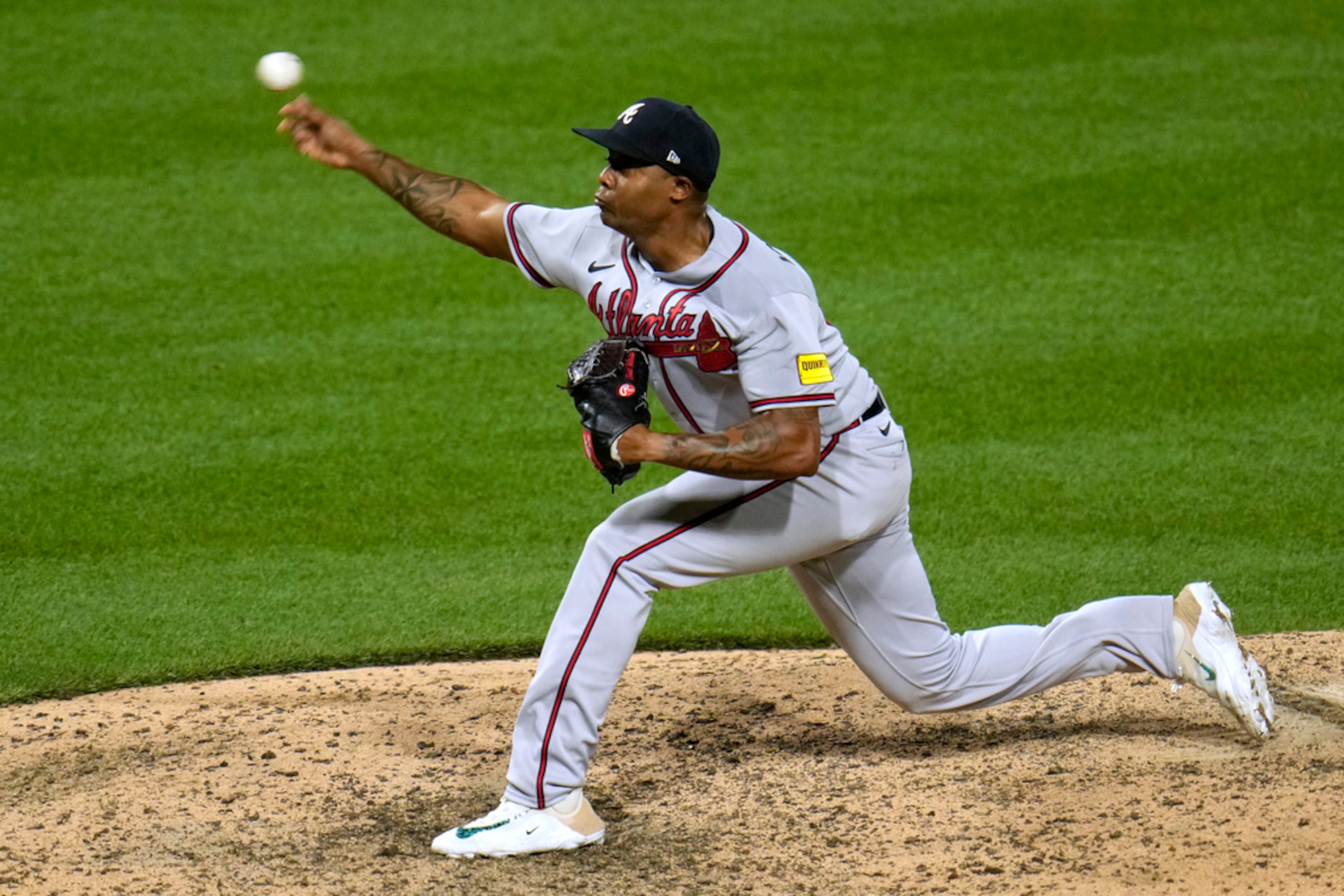 Atlanta Braves relief pitcher Raisel Iglesias delivers during the bottom of the ninth inning of a baseball game against the Pittsburgh Pirates in Pittsburgh, Wednesday, Aug. 9, 2023. The Braves won 6-5. (AP Photo/Gene J. Puskar)