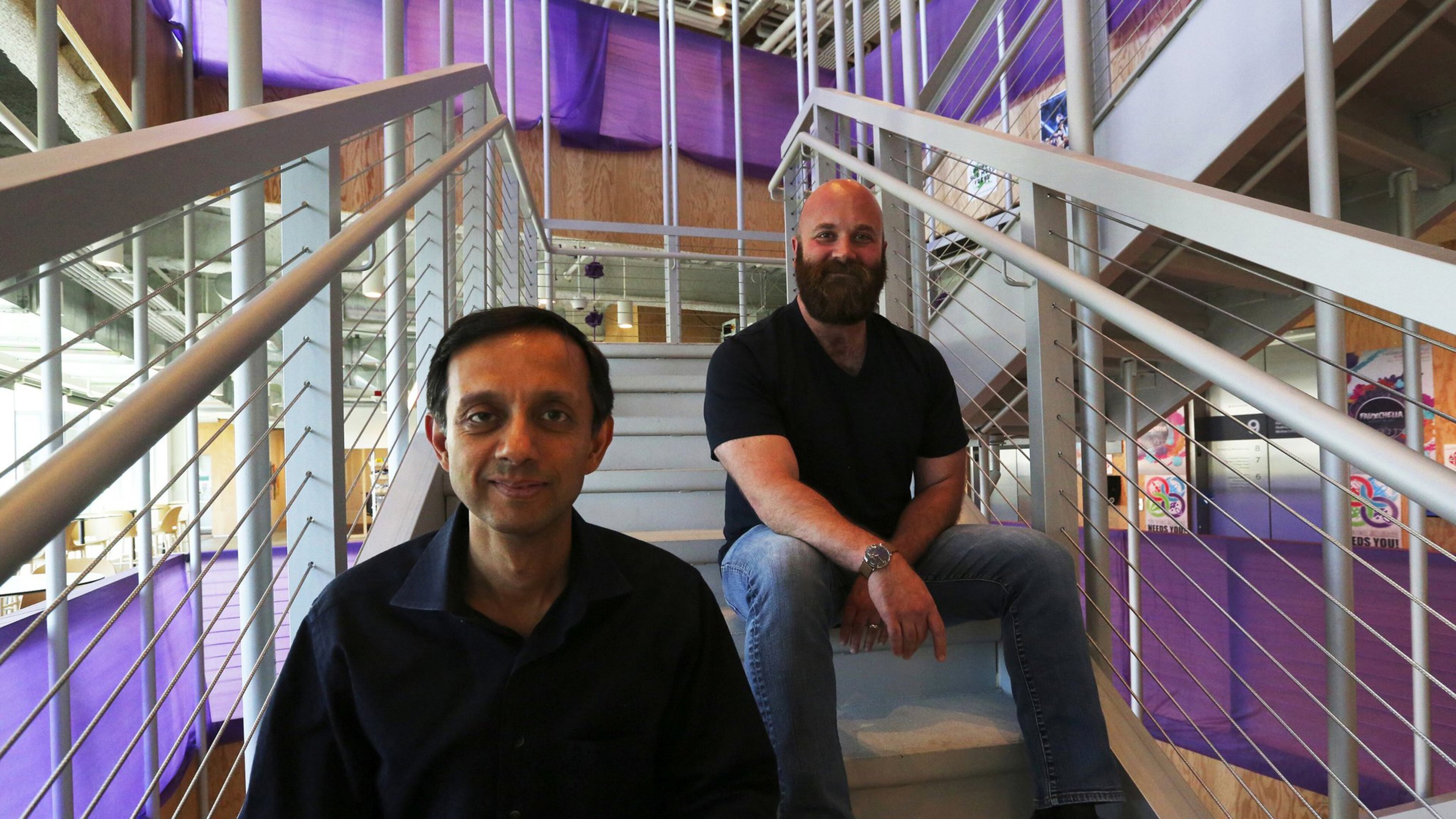 Surendra Verma, left, and J.R. Tipton are Facebook engineering managers in the company’s Seattle office. They are on the storage team charged with building the tools to store the billions of photos and videos uploaded to Facebook and Instagram. (Alan Berner/Seattle Times/TNS)