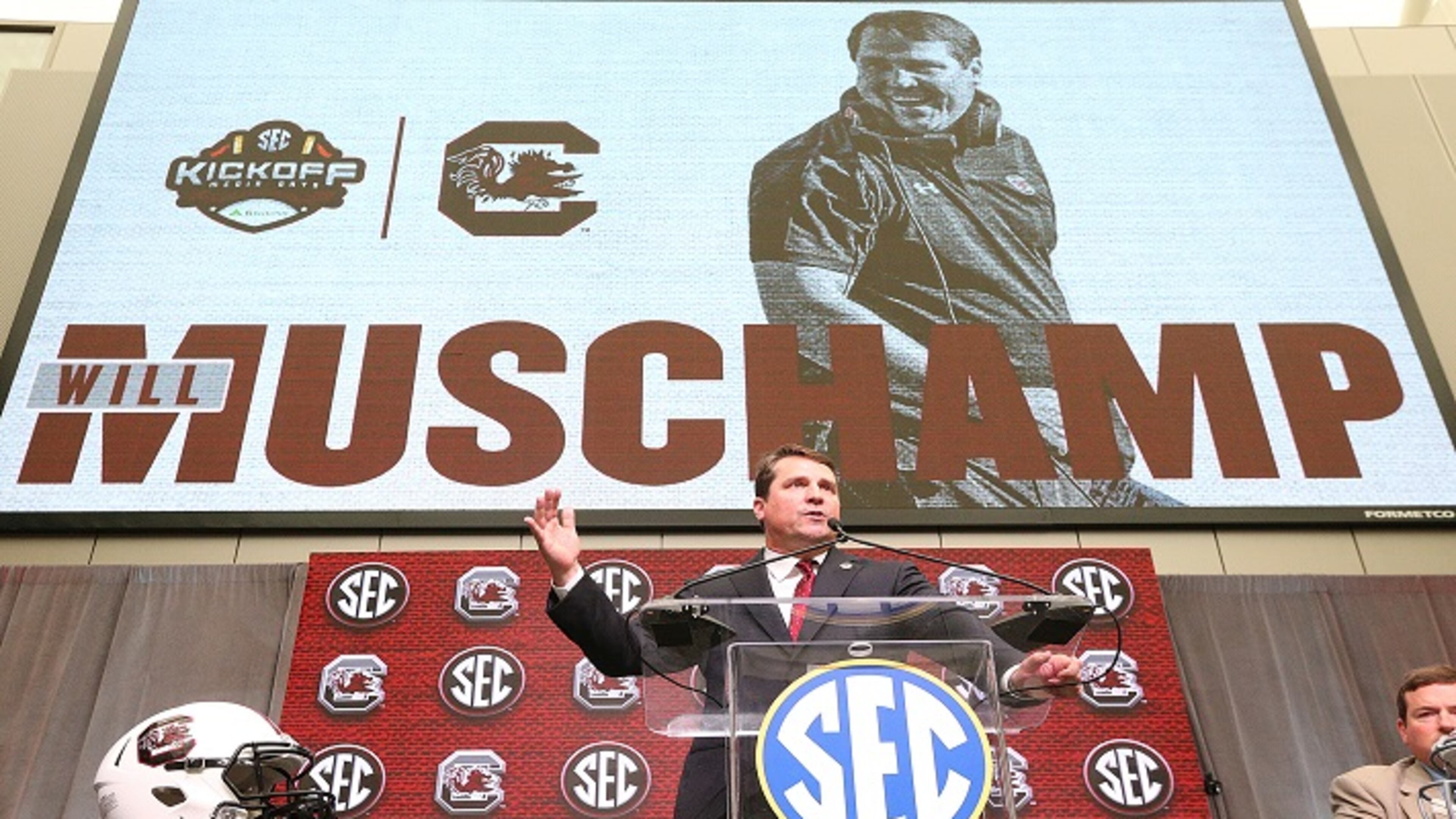 South Carolina head coach Will Muschamp holds his SEC Media Days press conference at the College Football Hall of Fame on Thursday, July 19, 2018, in Atlanta, Ga. (Curtis Compton/Atlanta Journal-Constitution/TNS)