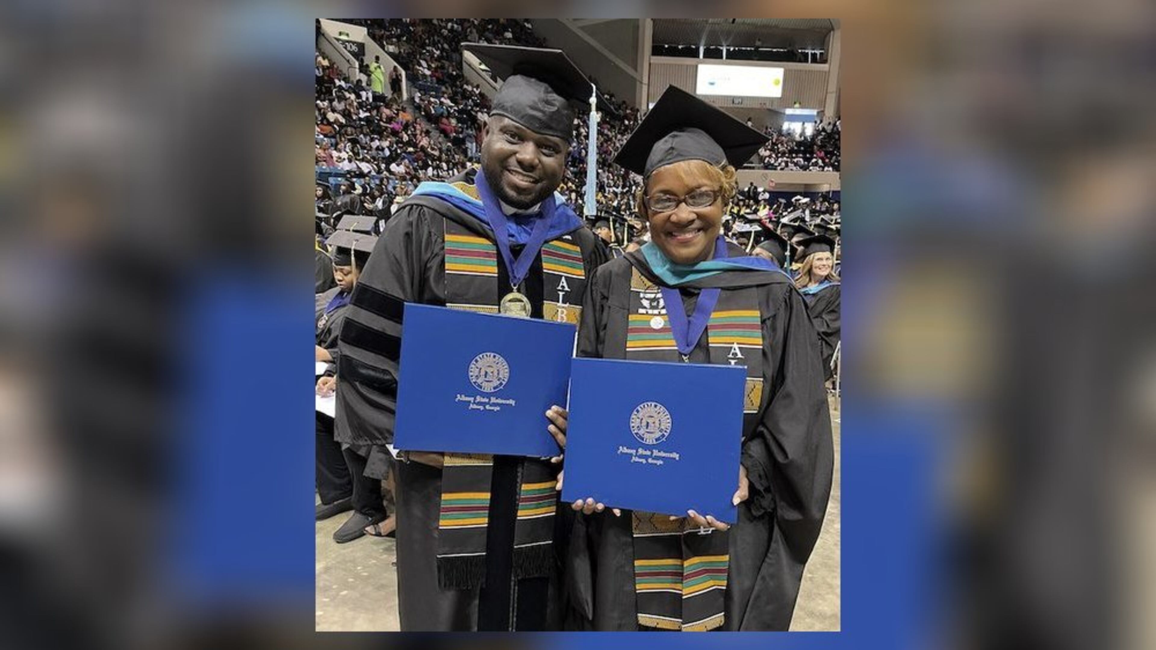 Roderick Hubbard and his mother, Yolanda Hubbard, recently walked onstage at the Albany Civic Center to receive advanced degrees the pair had earned together. The Hubbard family includes a number of ASU alumni. (Photo provided by Albany State University)