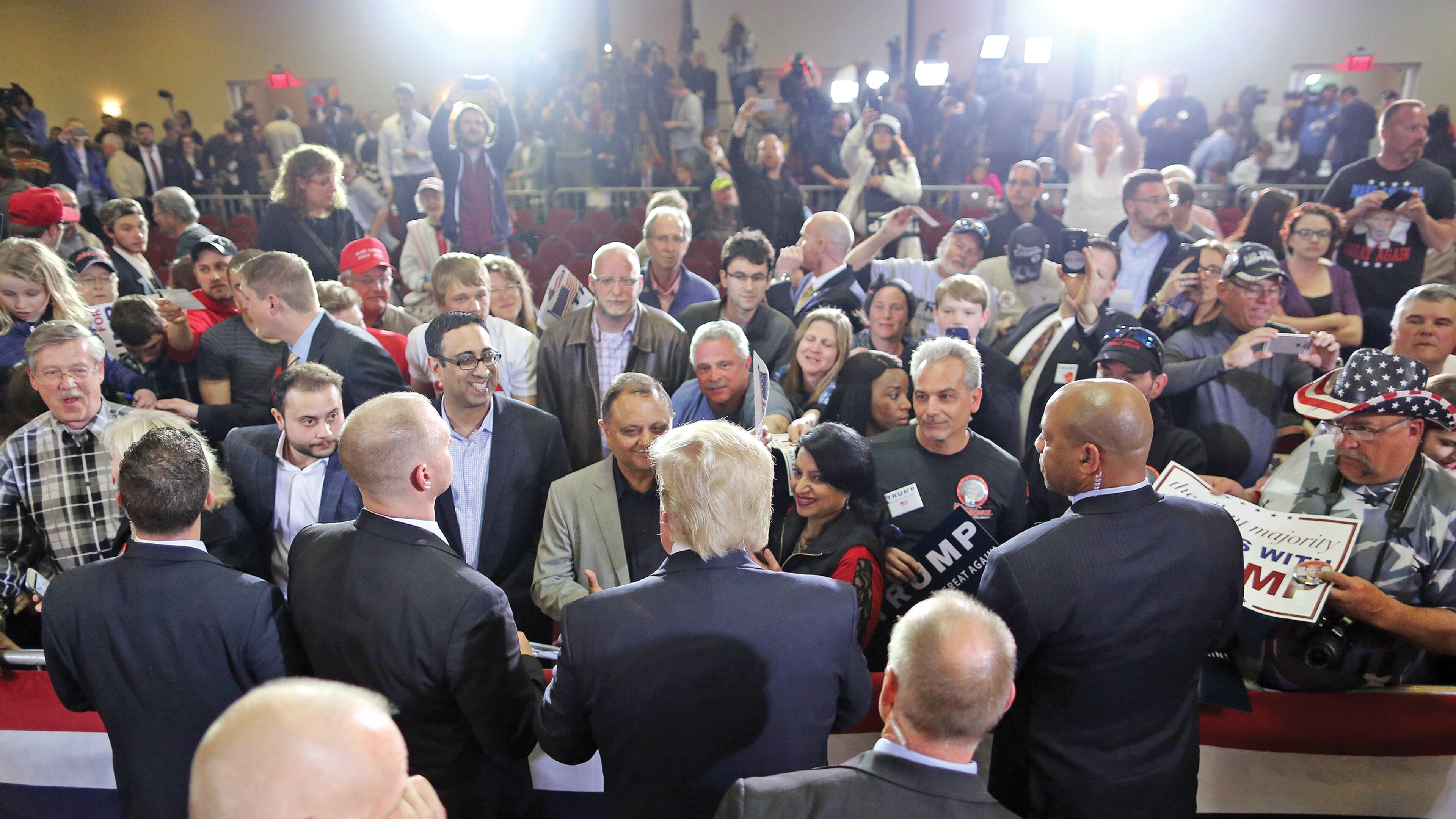 Republican Presidential candidate Donald Trump greets supporters after a rally in Janesville, Wis., on Tuesday. Anthony Wahl/The Janesville Gazette via AP