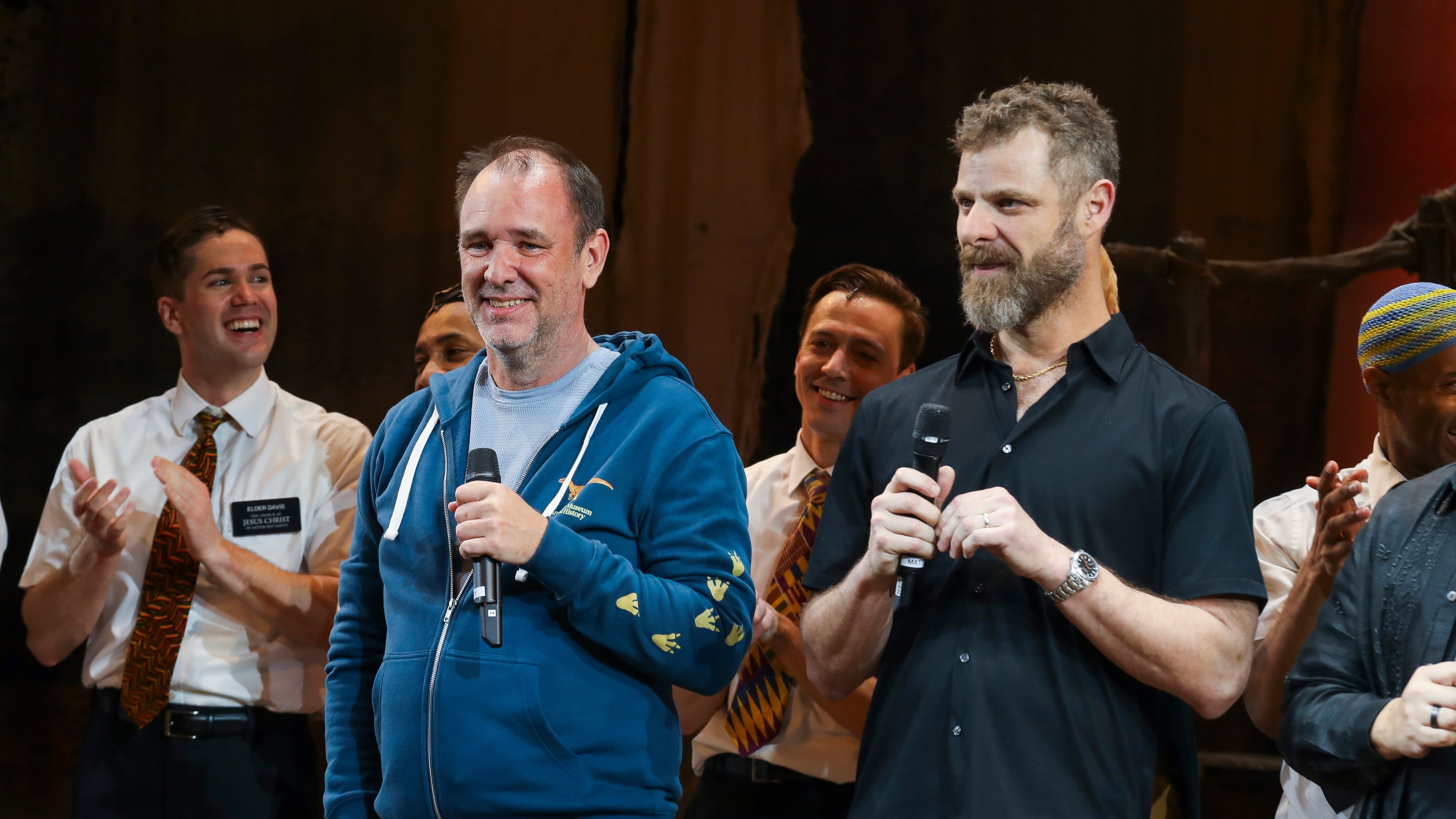 FILE - Trey Parker, left and Matt Stone, creators of the animated series "South Park," and the Broadway musical "The Book of Mormon," appear at a curtain call for the 15th anniversary performance of the musical on March 19, 2026, in New York. (Photo by Andy Kropa/Invision/AP, File)