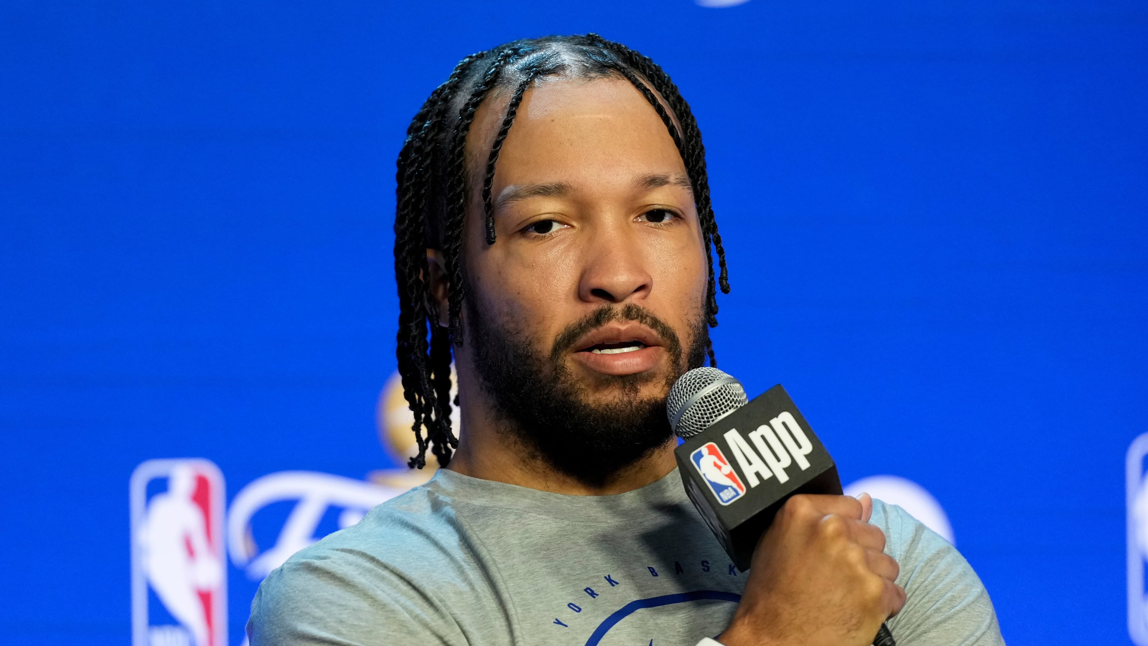 New York Knicks guard Jalen Brunson speaks with the media prior to the start of the NBA Finals basketball series against the San Antonio Spurs, Tuesday, June 2, 2026, in San Antonio. (AP Photo/Eric Gay)