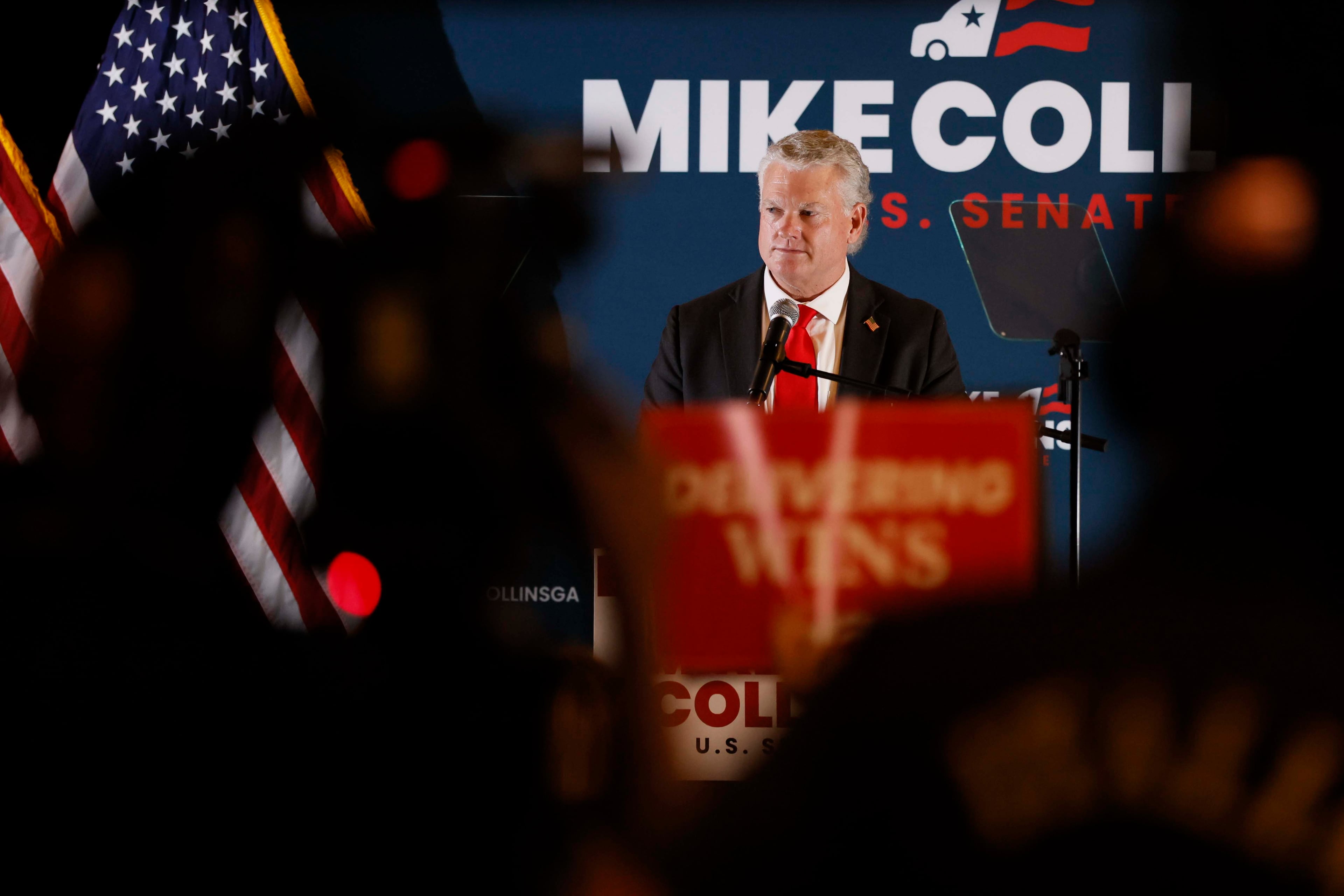 U.S. Rep. Mike Collins speaks to supporters following his victory in the U.S. Senate runoff election last month. (Miguel Martinez/AJC)