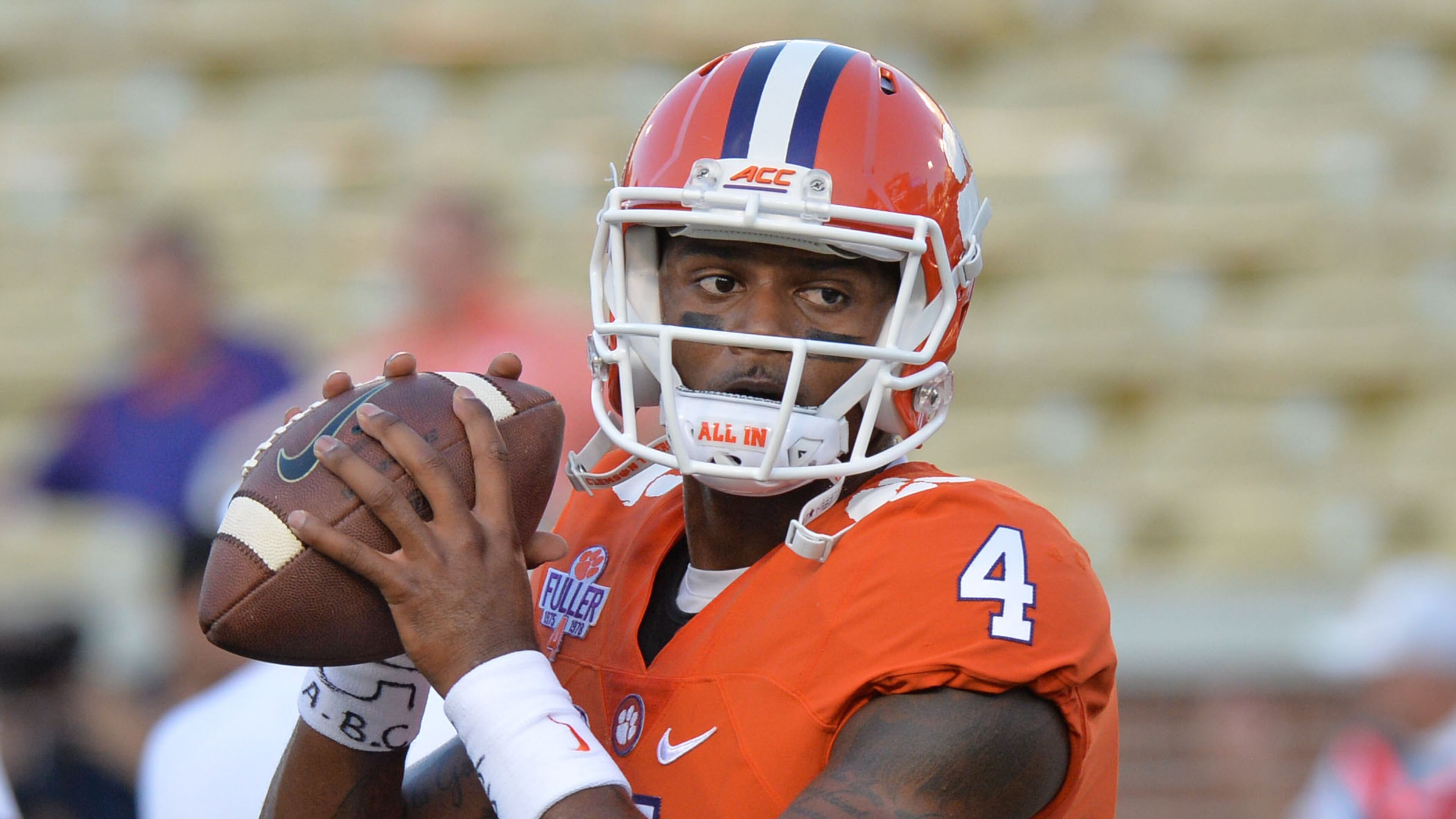 September 22, 2016 Atlanta - Clemson Tigers quarterback Deshaun Watson (4) warms up before their game against the Georgia Tech Yellow Jackets at Bobby Dodd Stadium on Thursday, September 22, 2016. HYOSUB SHIN / HSHIN@AJC.COM
