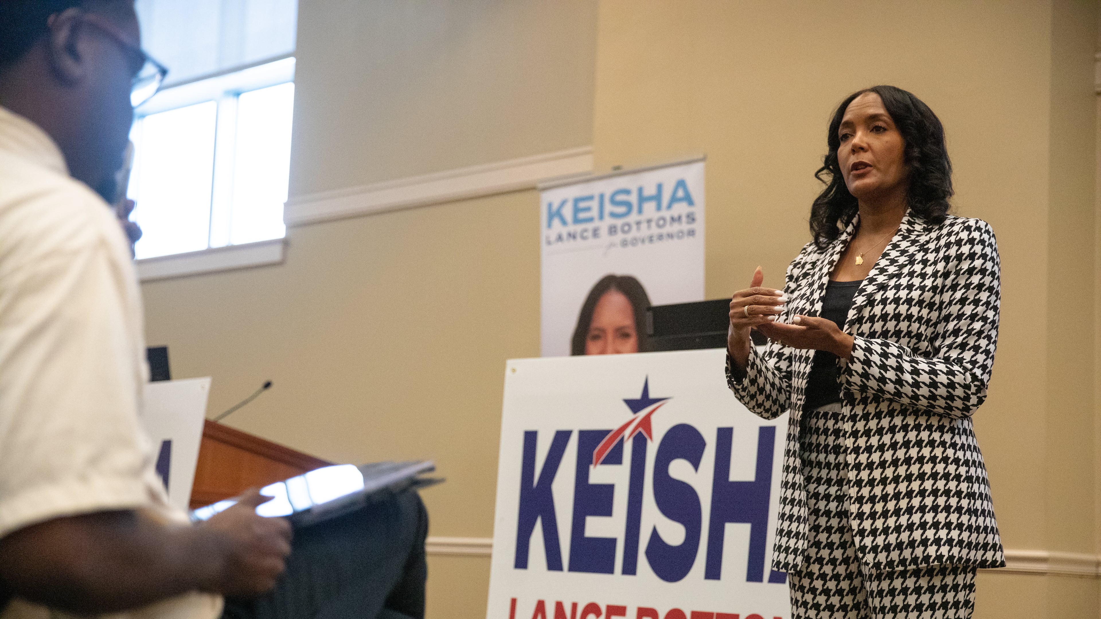 Former Atlanta Mayor Keisha Lance Bottoms speaks with voters at the Columbus Public Library on May 12, 2026 as part of her final statewide push ahead of the Democratic gubernatorial primary election. (Riley Bunch/AJC)
