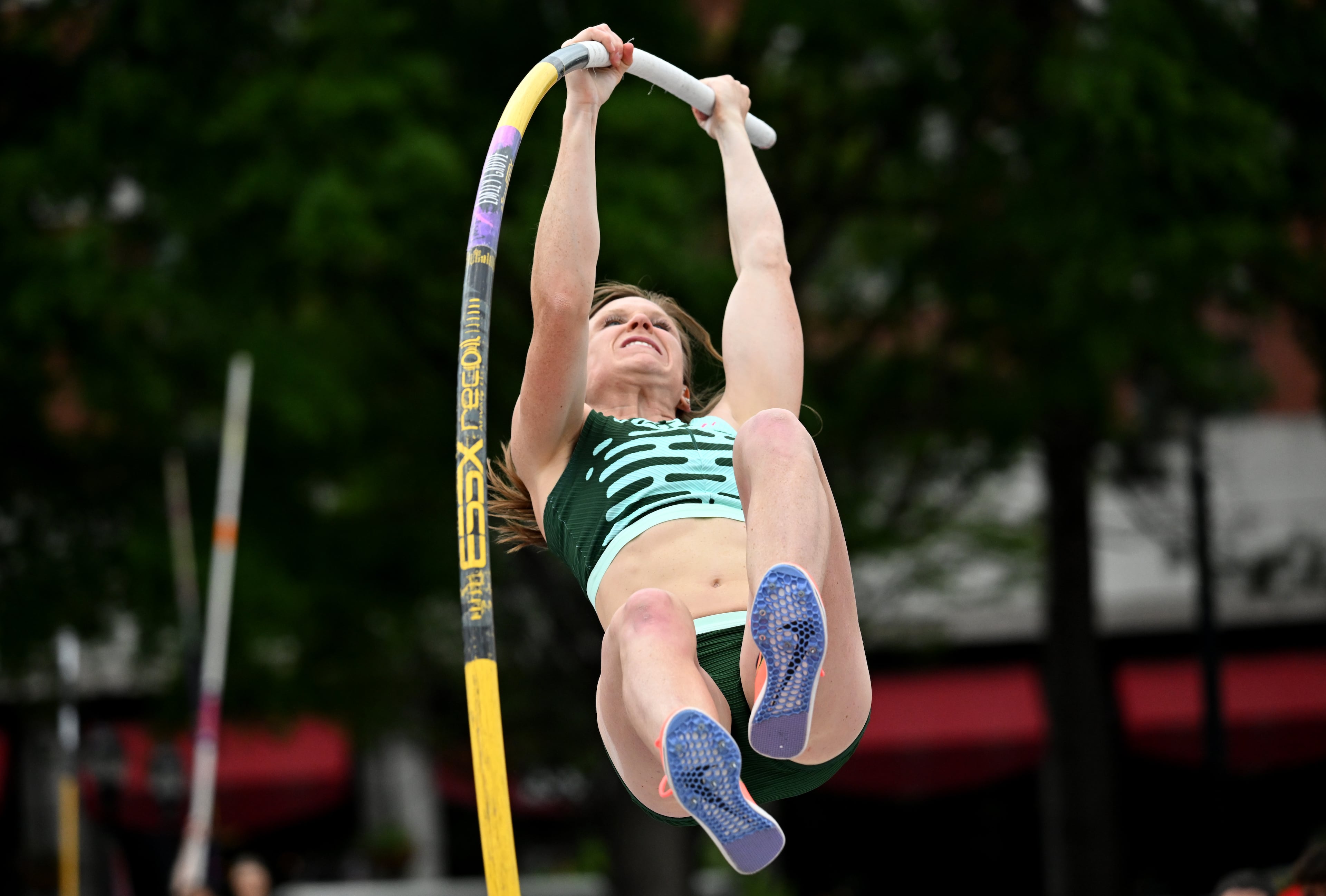 Emily Grove competes in the women's pole vault during the inaugural adidas Atlanta City Games at Centennial Olympic Park, Saturday, May 6, 2023, in Atlanta. (Hyosub Shin / Hyosub.Shin@ajc.com)