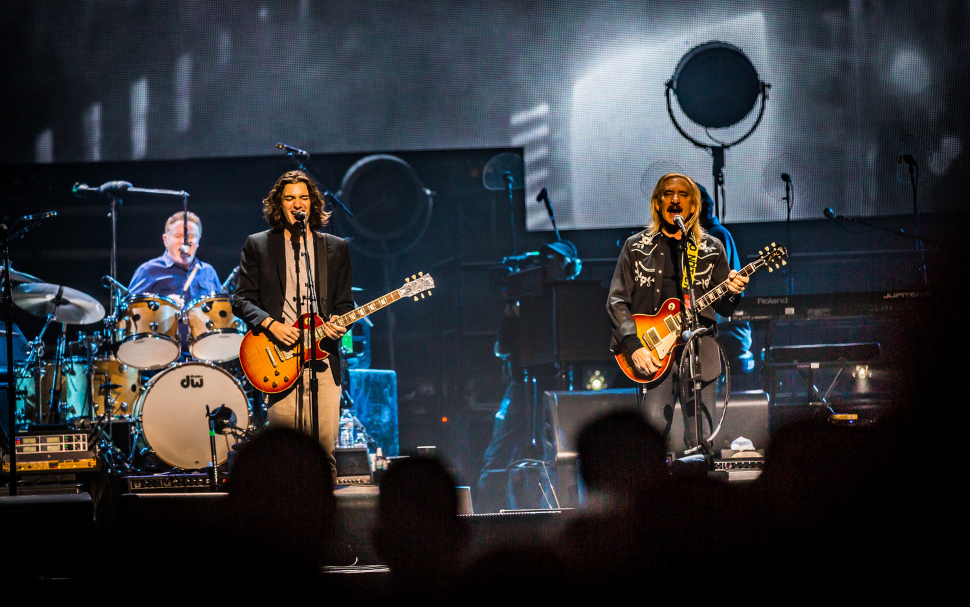 Don Henley (behind the drums), Deacon Frey (left) and Joe Walsh played classics from the Eagles beloved catalog for a packed Philips Arena on Oct. 20, 2017. It was the first of a two-night stand at the venue. Photo by Ryan Fleisher
