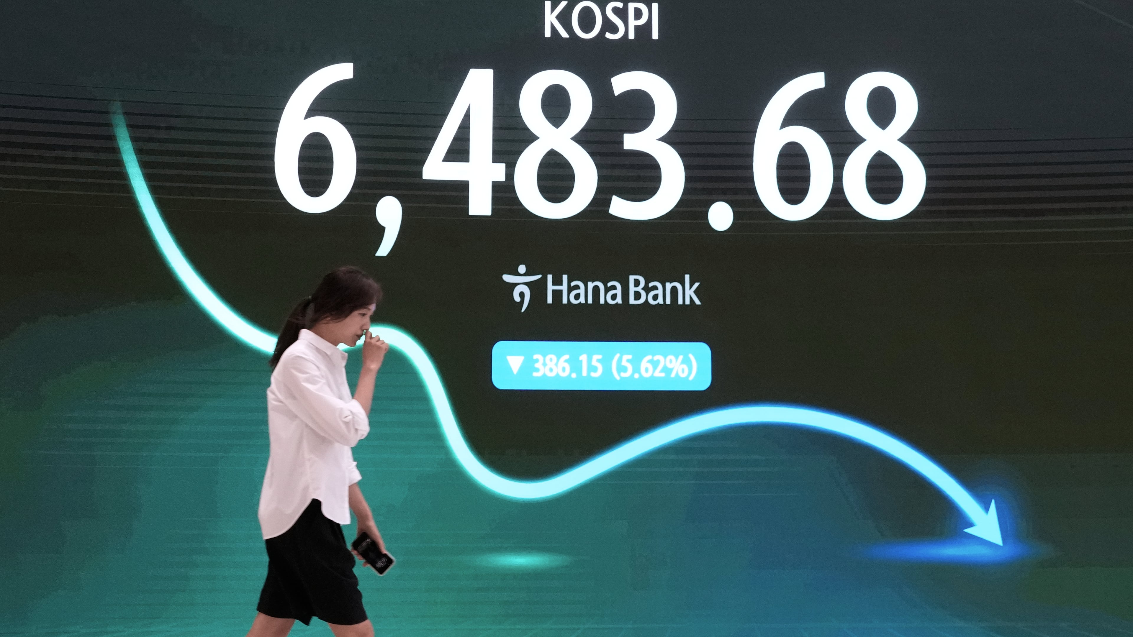 A currency trader passes by a screen showing the Korea Composite Stock Price Index (KOSPI) at the foreign exchange dealing room of the Hana Bank headquarters in Seoul, South Korea, Wednesday, Aug. 19, 2026. (AP Photo/Ahn Young-joon)