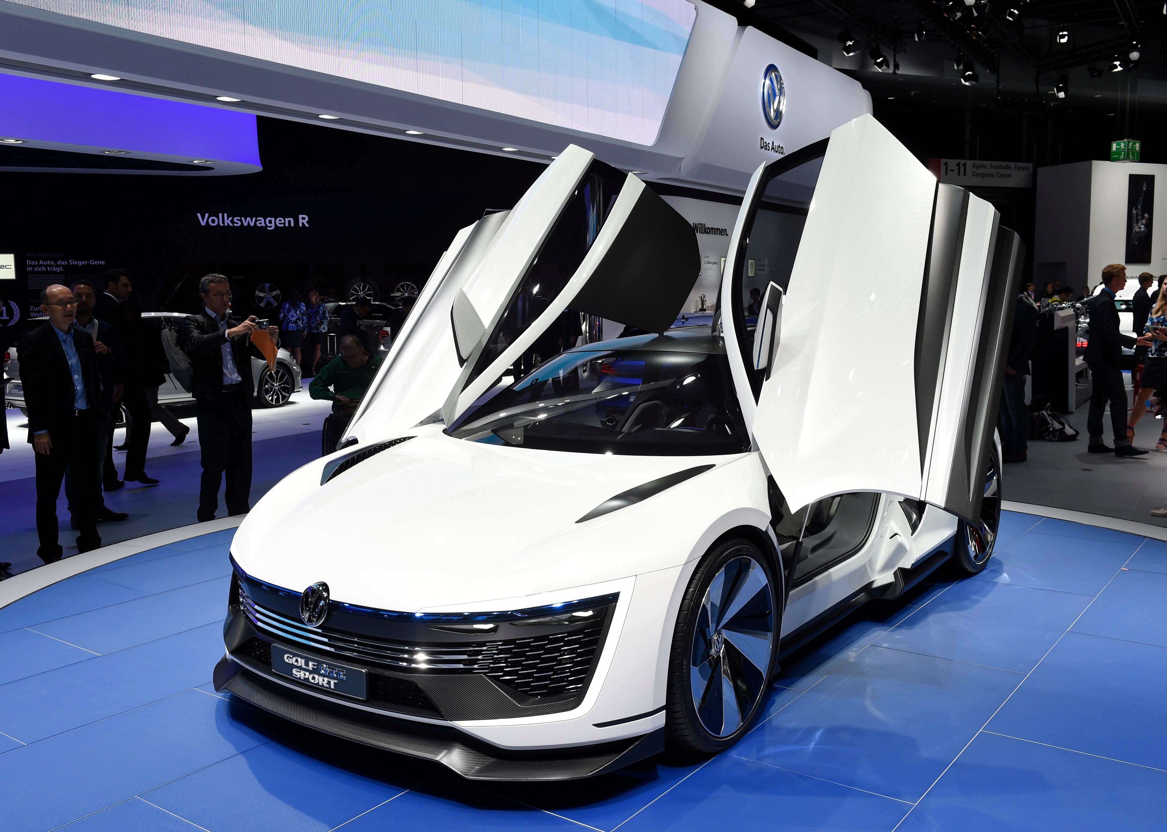 A Gold GTE Sport concept car on the first press day of the Frankfurt Auto Show IAA in Frankfurt, Germany, Tuesday, Sept. 15, 2015. The car show runs through Sept. 27. (AP Photo/Jens Meyer)