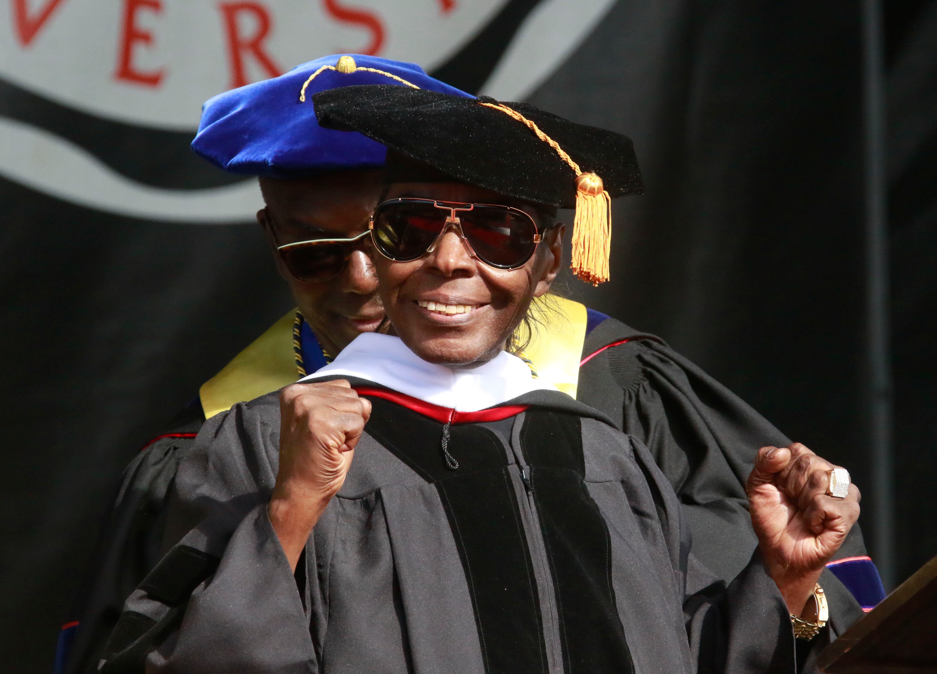 May 16, 2016 - Atlanta - Musician and producer Hamilton Bohannon receives the honorary degree Doctor of Humane Letters Honoris Causa. Clark Atlanta University class of 2016 filled Panther Stadium Monday morning for it's 27th annual Commencement Service. The keynote speaker was retired astronaut Mae Jemison, the first woman of color in Space. Honorary degrees were awarded to Hamilton Bohannon, a 1964 graduate of Clark College; Roland Carter; Congressman John Conyers, and Congressman Hank Johnson, a 1976 Clark College graduate. BOB ANDRES / BANDRES@AJC.COM
