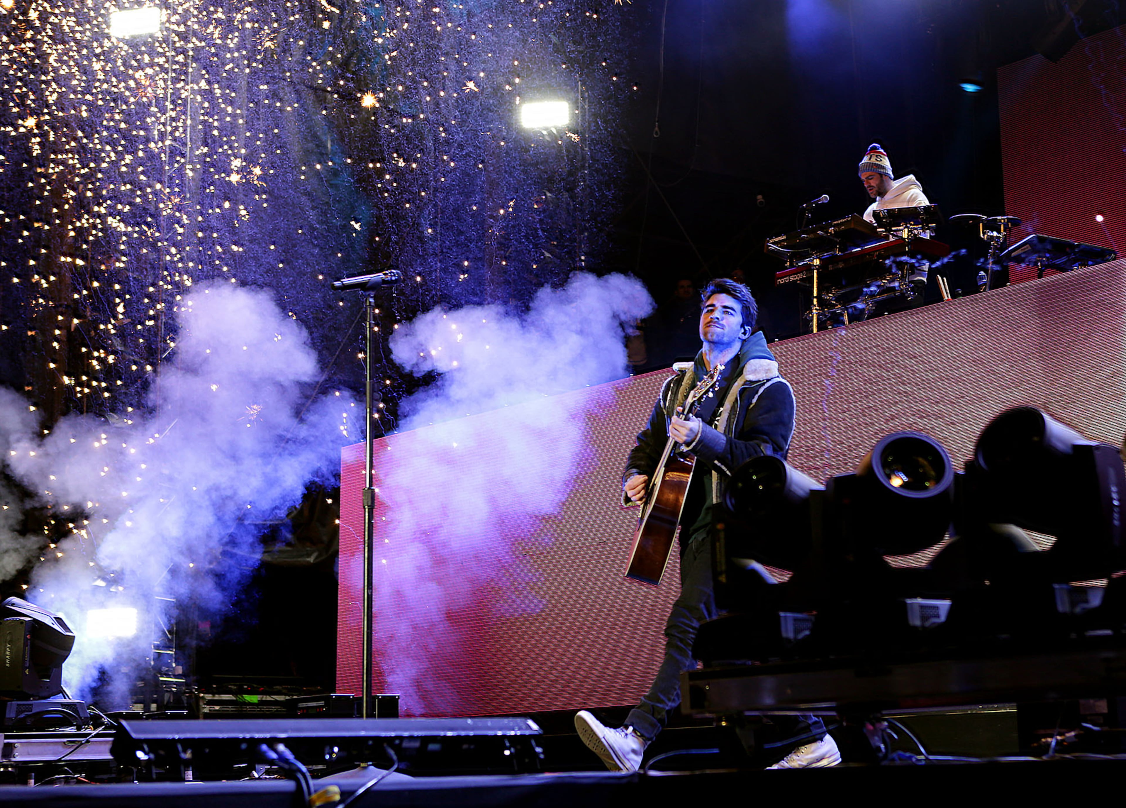 January 7, 2018 - ATLANTA: EDM-pop duo, The Chainsmokers, Andrew Taggert amidst the fireworks on guitar as Alex Pall commands the electronics, headlined the second day of the AT&T Playoff Playlist Live! concert series pre-game celebrations at Centennial Olympic Park on Sunday, January 7, 2018. (Akili-Casundria Ramsess/Eye of Ramsess Media)