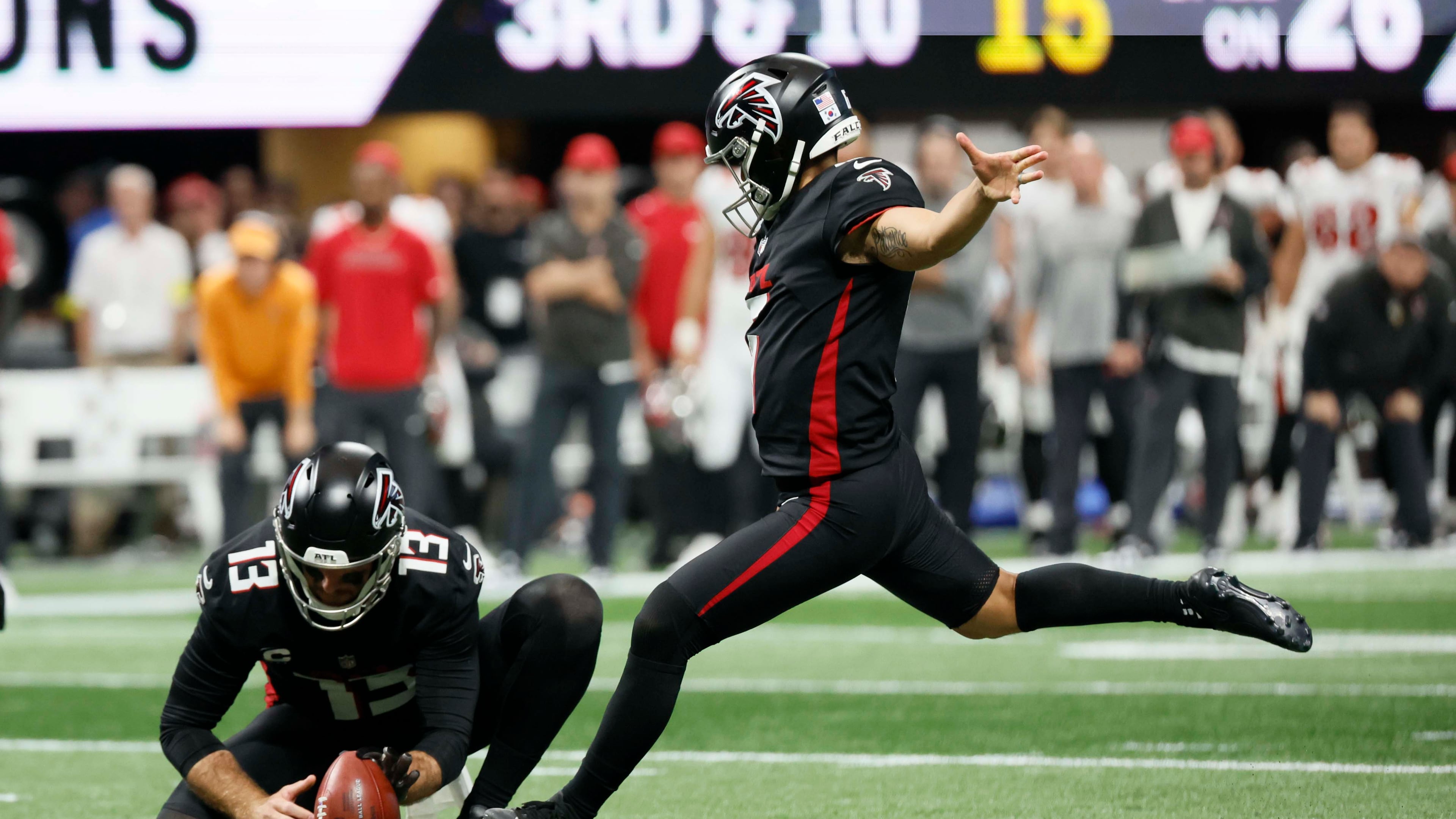 Atlanta Falcons placekicker Younghoe Koo missed a game-tying field goal in the last seconds of Sunday's game and now faces competition for his position. (Miguel Martinez/AJC)
(Miguel Martinez/ AJC)