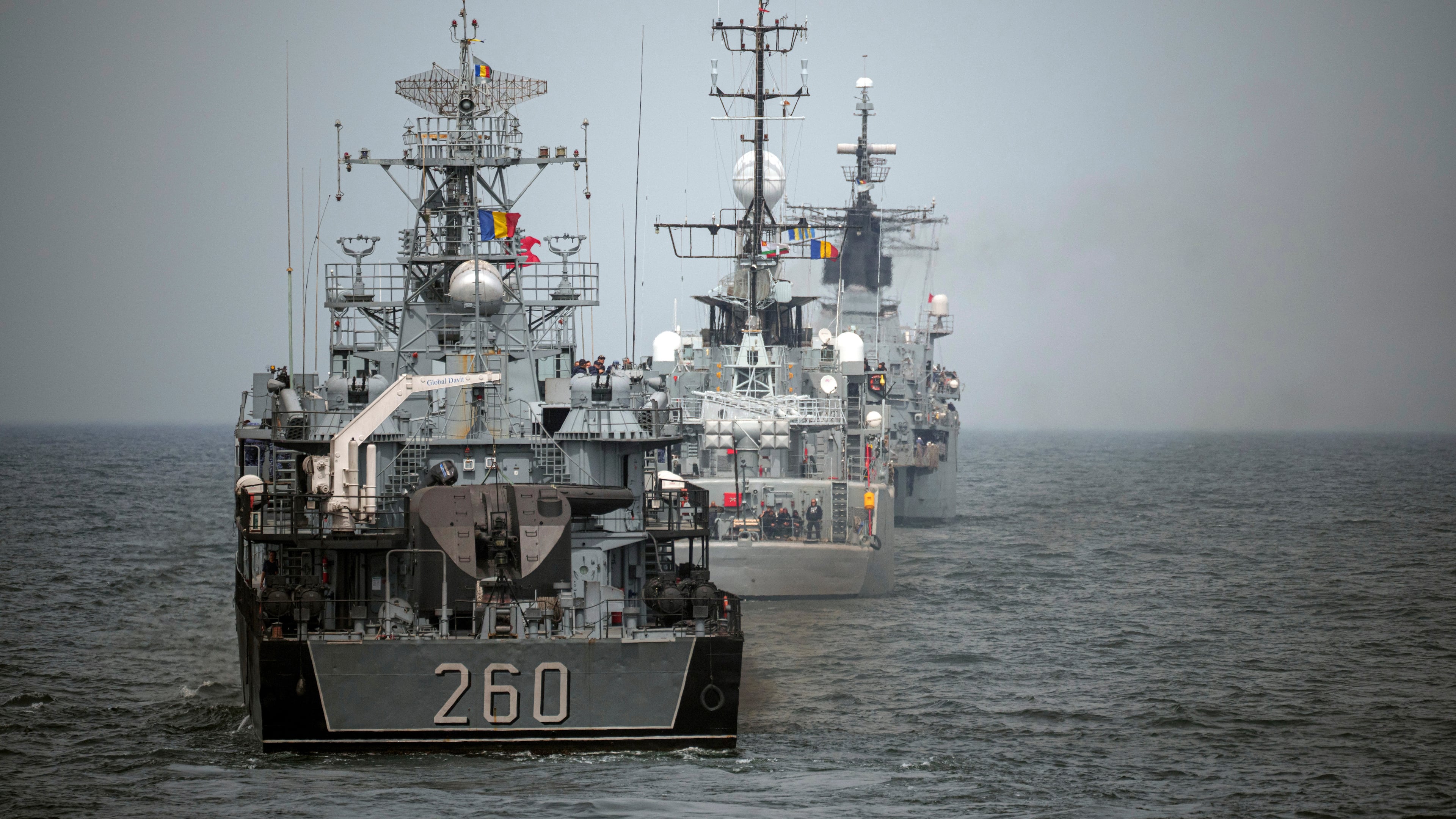 FILE - Romanian warships sail during a Romanian Navy led exercise outside Constanta, Romania, on April 16, 2024. (AP Photo/Andreea Alexandru, File)