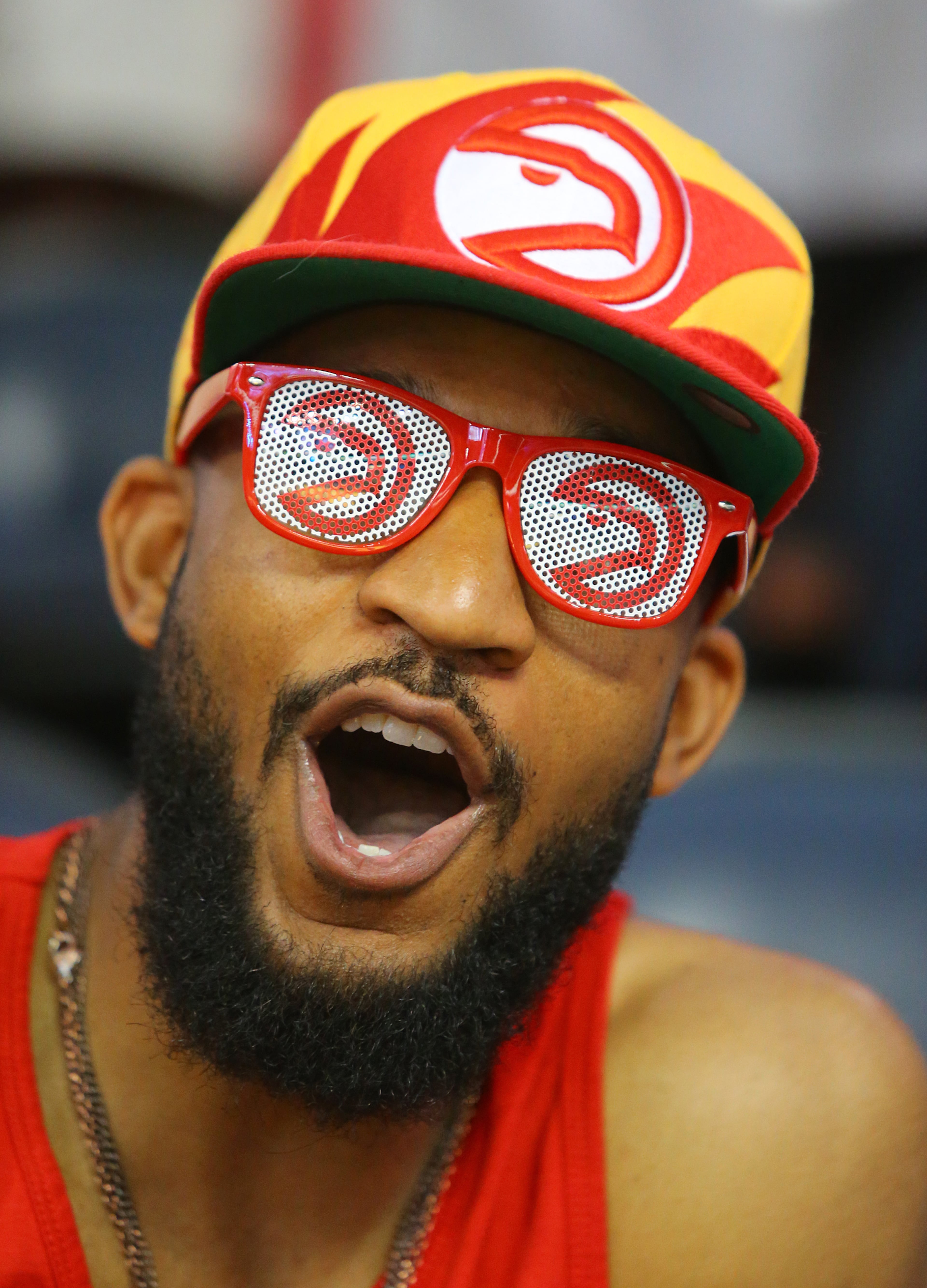 Gary Williams, Atlanta, cheers for the Hawks as they take the court to play the Pacers in their NBA playoff game on Thursday, April 24, 2014, in Atlanta. CURTIS COMPTON / CCOMPTON@AJC.COM