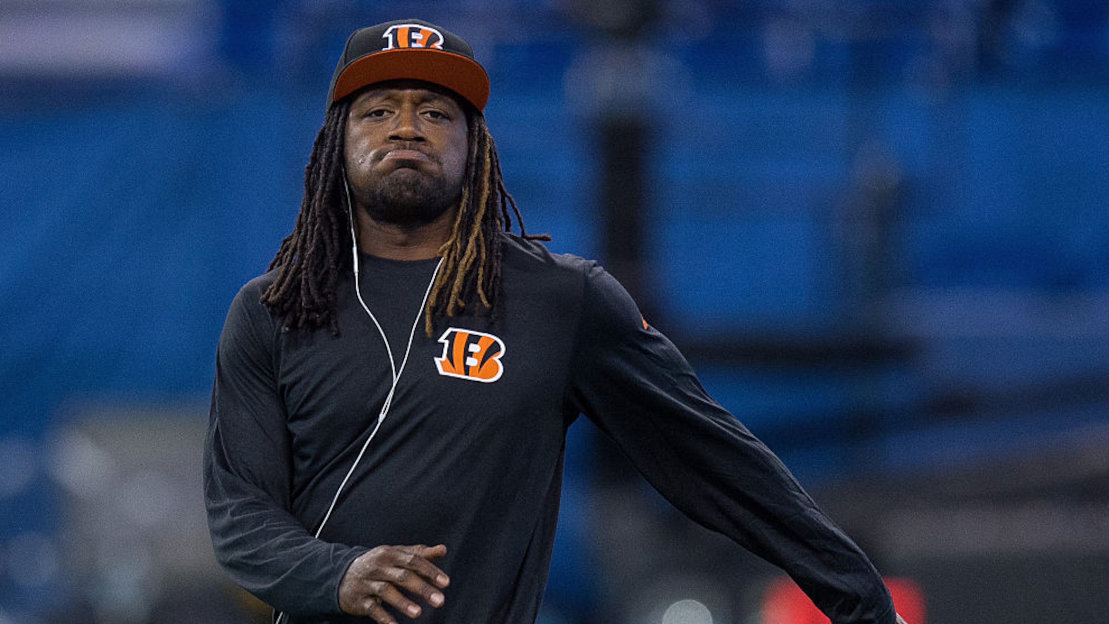 September 3, 2015: Cincinnati Bengals cornerback Adam Jones (24) warms up before a week 4 preseason NFL game between the Indianapolis Colts and Cincinnati Bengals at Lucas Oil Stadium in Indianapolis, IN. (Photo by Zach Bolinger/Icon Sportswire/Corbis via Getty Images)