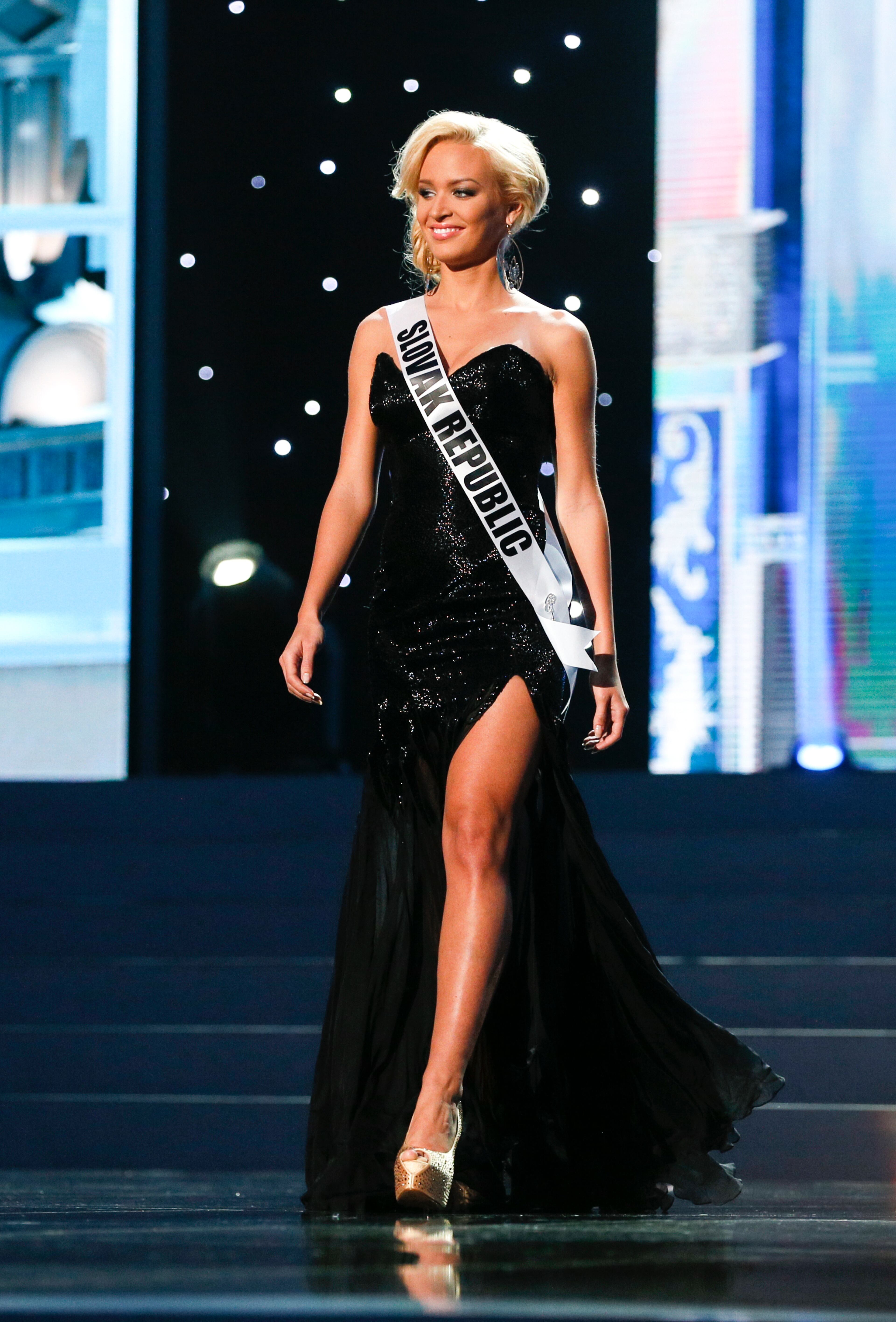 Miss Slovak Republik Jeanette Borhyov presents herself during the preliminary competition of the 2013 Miss Universe pageant in Moscow, Russia, on Tuesday, Nov. 5, 2013. Beauties will compete for the title of Miss Universe in Moscow on Nov. 9. (AP Photo/Pavel Golovkin)