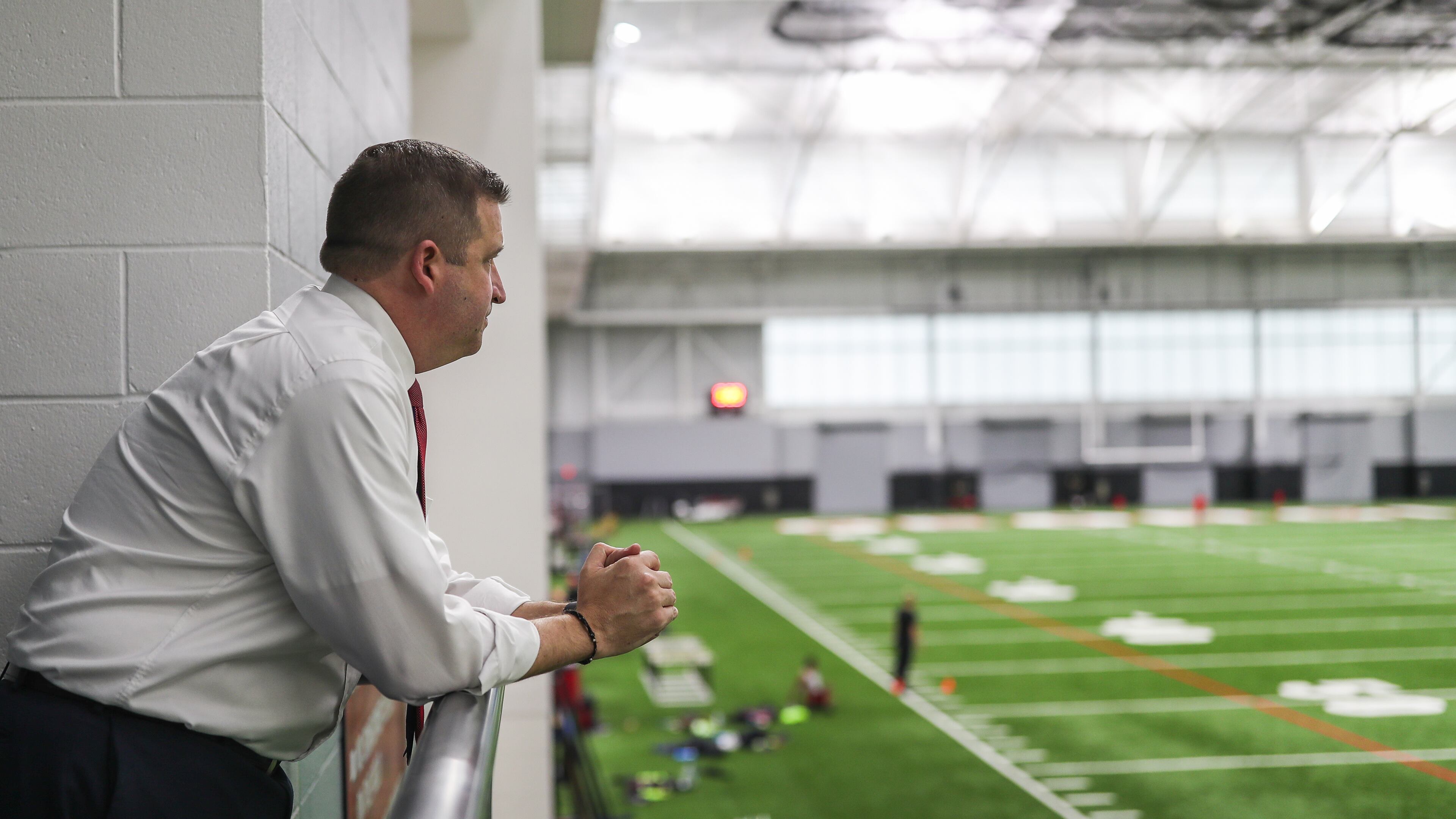 Georgia Athletic Director Josh Brooks watches a football workout in the Payne Indoor Facility on January 11, 2021. (Photo by Chamberlain Smith)