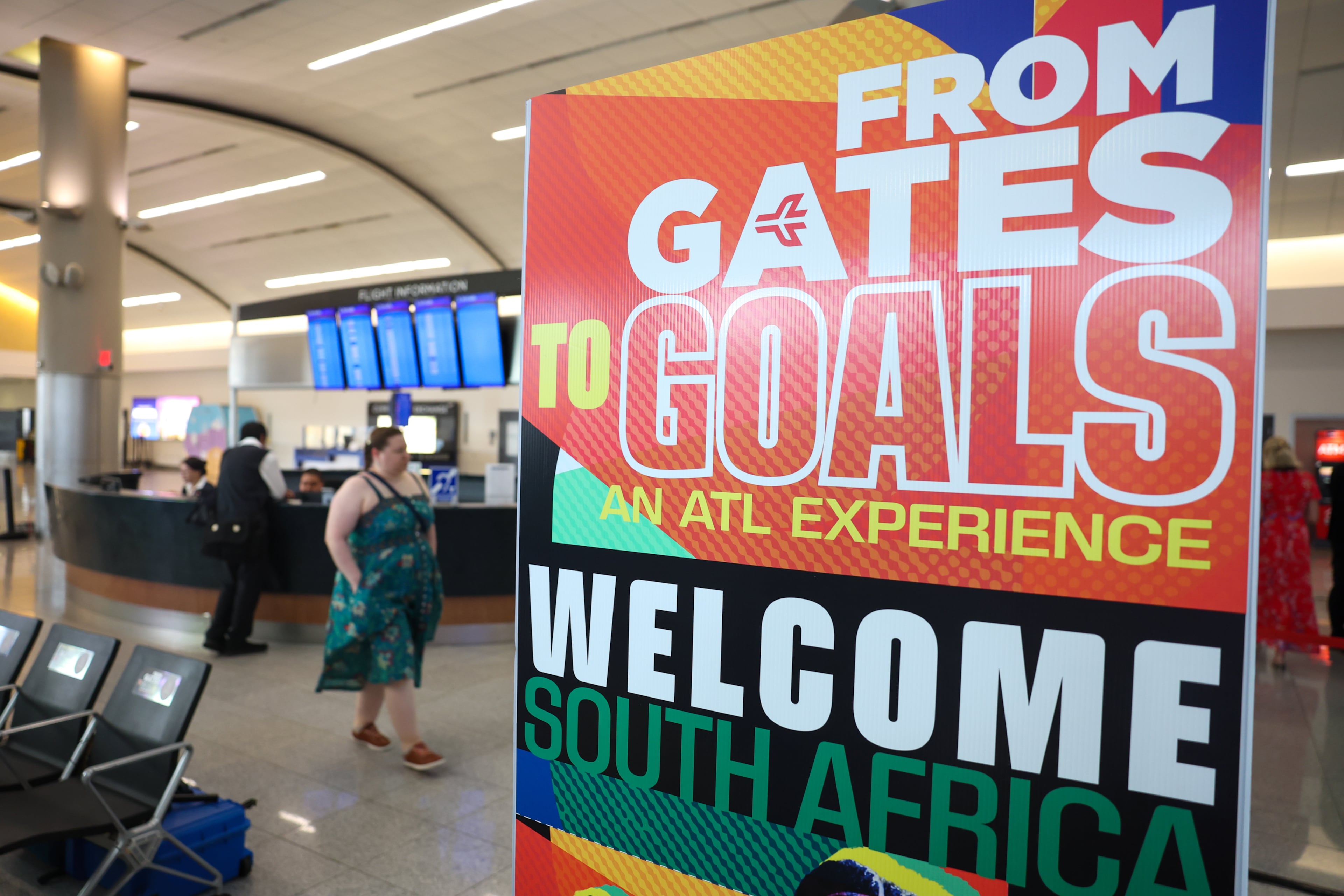 A sign marks the "From Gates to Goals" exhibit celebrating the upcoming FIFA World Cup at Hartsfield-Jackson Atlanta International Airport's international terminal in Atlanta on May 27, 2026. (Arvin Temkar/AJC)