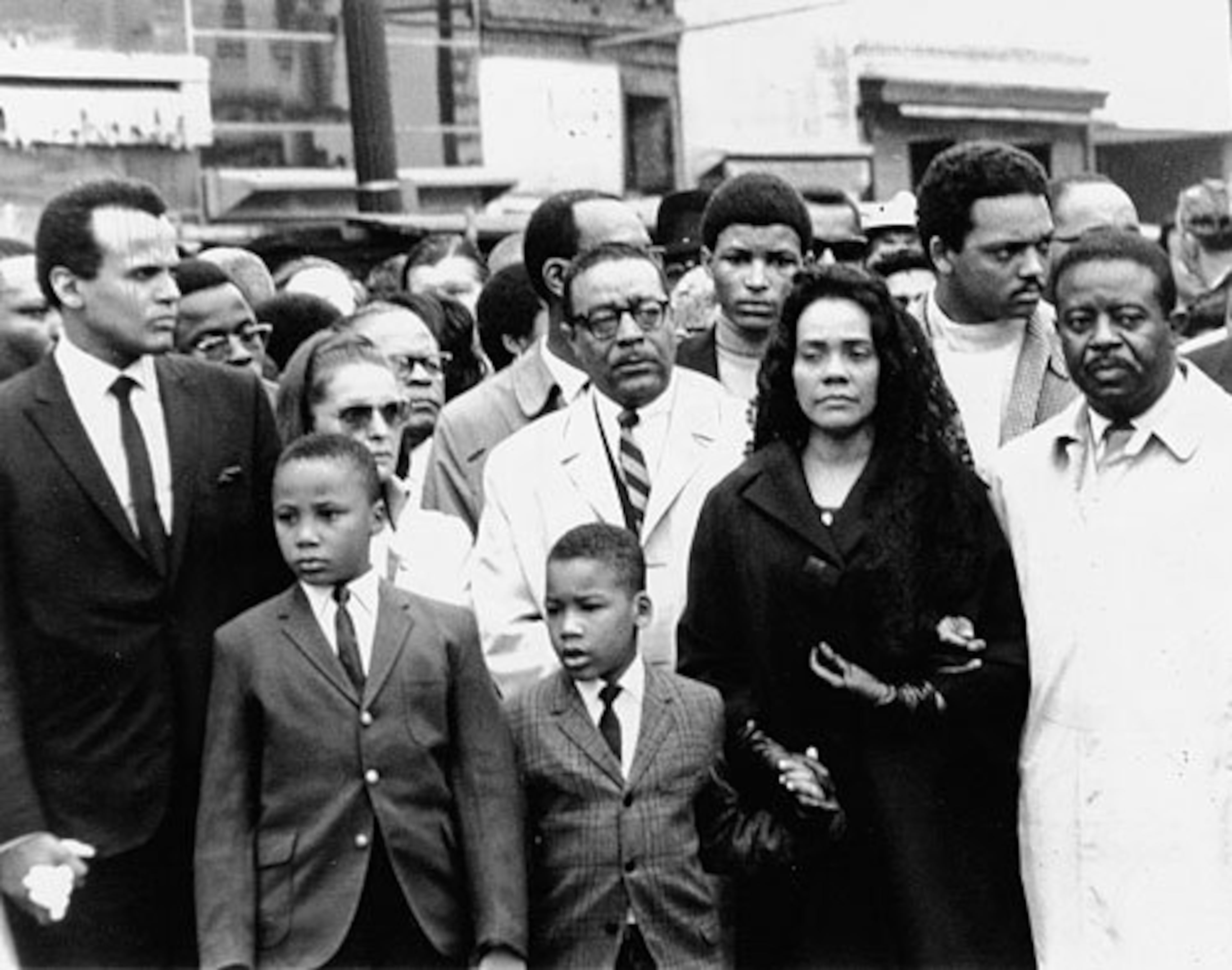 Belafonte (far left) marched with Coretta Scott King after her husband's 1968 assassination.