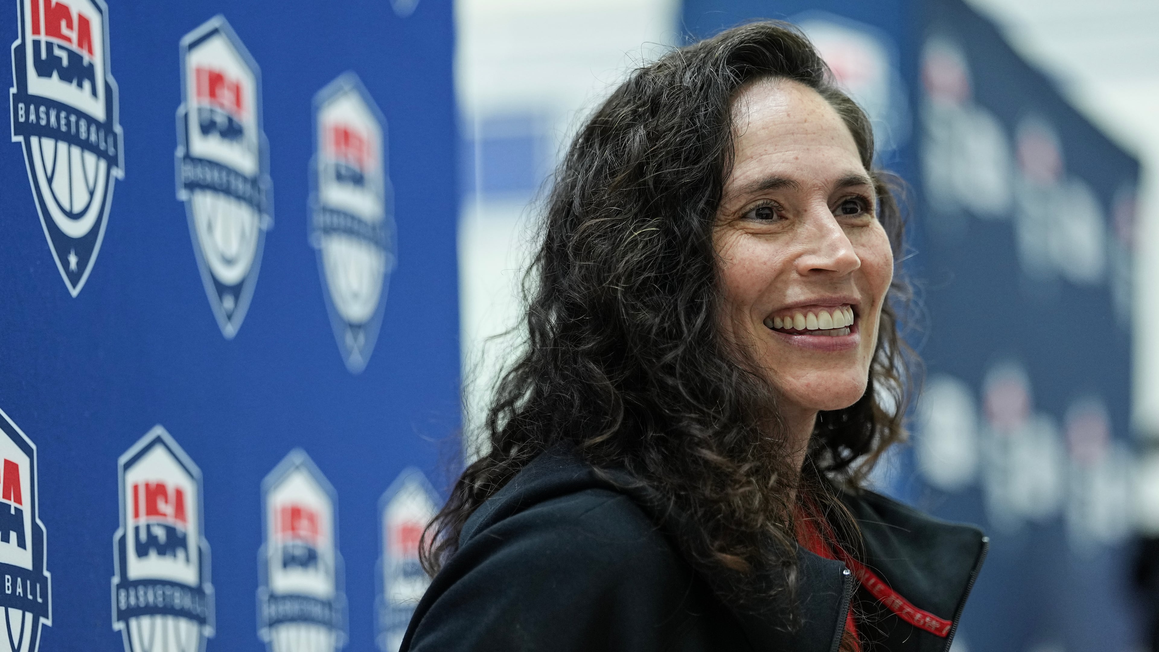 FILE - Managing director Sue Bird speaks with the media after a training camp for the U.S women's national basketball team, Friday, Dec. 12, 2025, in Durham, N.C. (AP Photo/Matt Kelley, File)