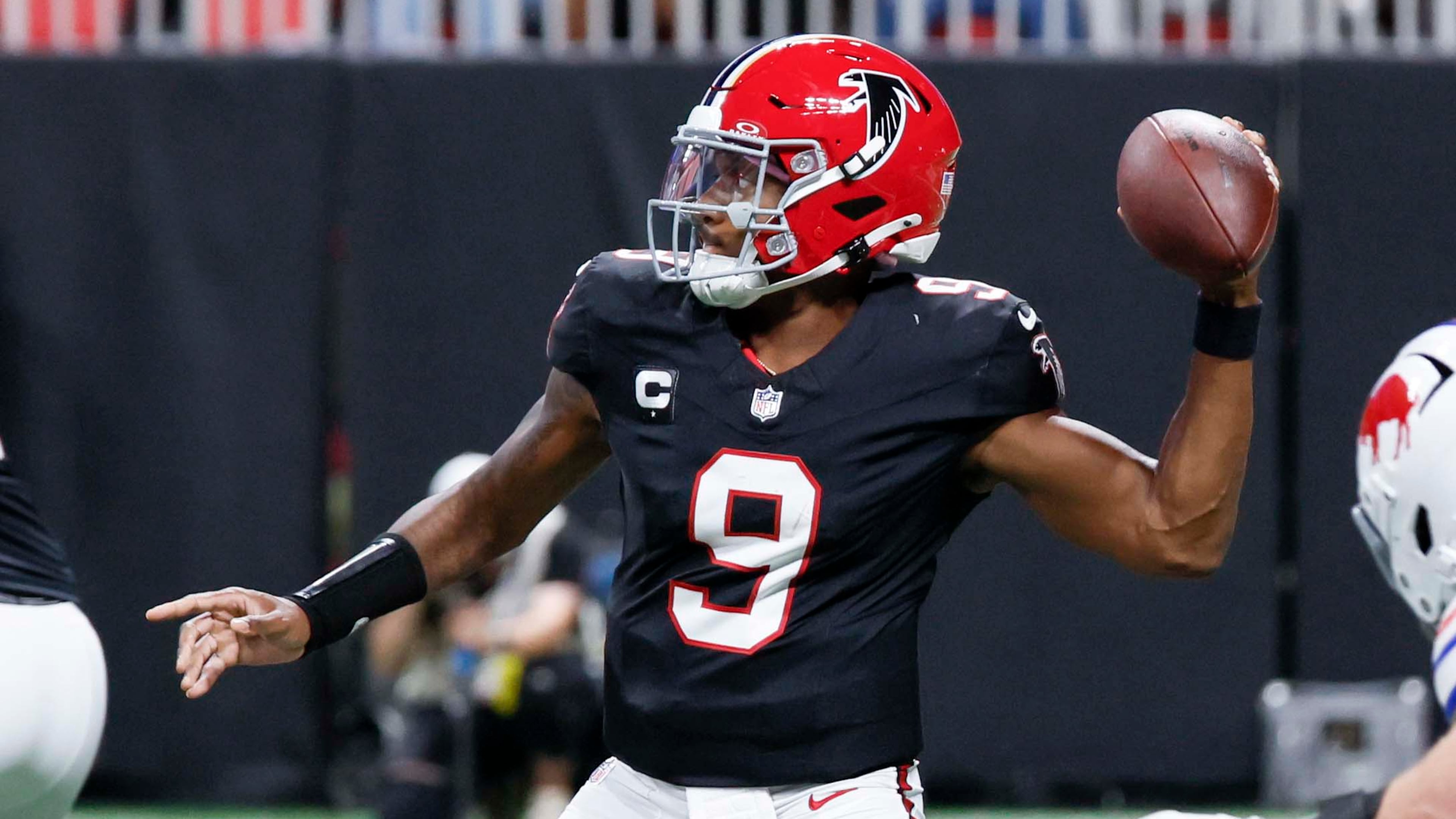 Atlanta Falcons quarterback Michael Penix Jr. throws a pass during the second half of an NFL game against the Buffalo Bills at Mercedes-Benz Stadium in Atlanta on Monday, Oct. 13, 2025. (Miguel Martinez/AJC)