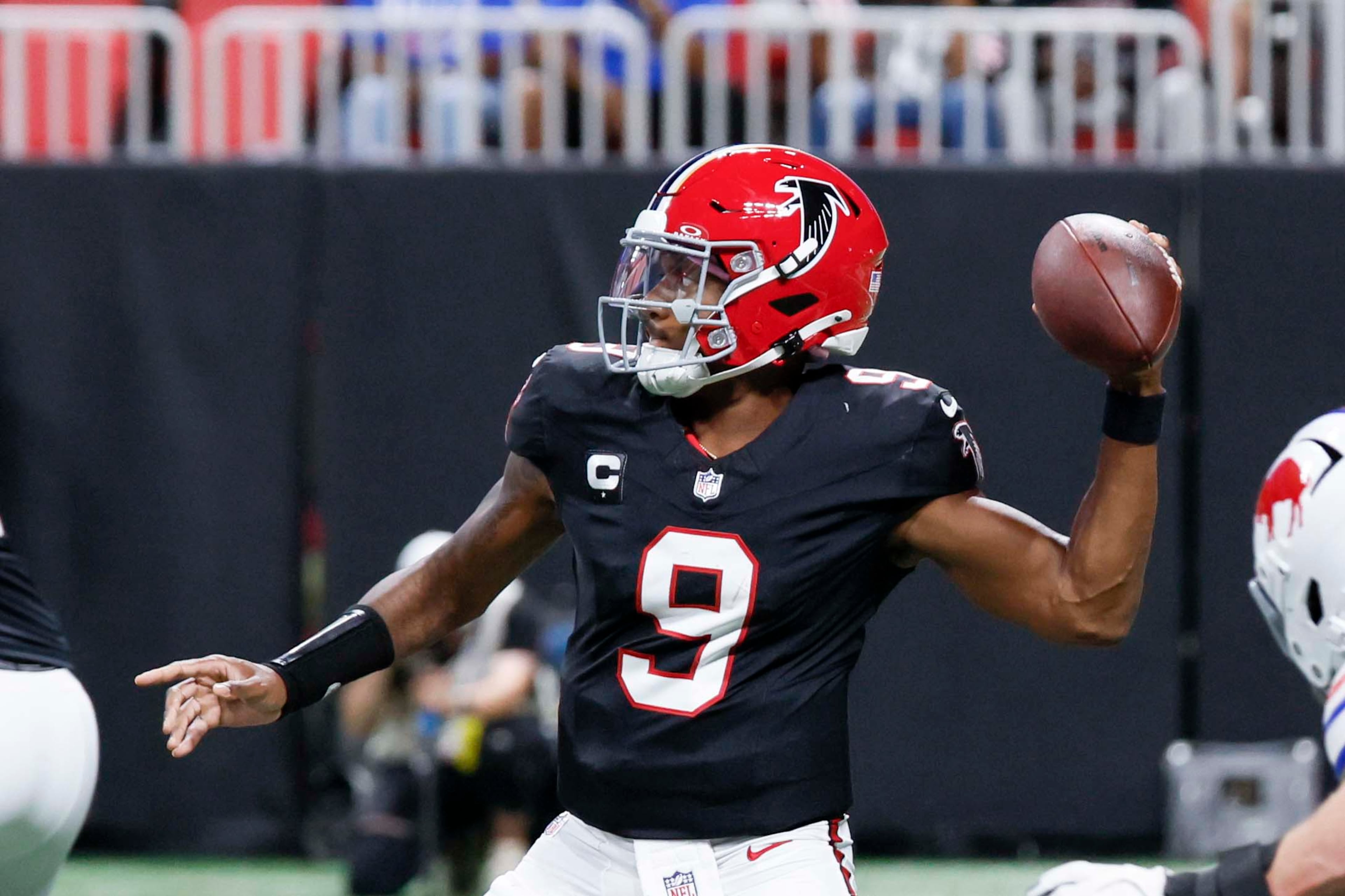 Atlanta Falcons quarterback Michael Penix Jr. (9) throws a pass during the second half of an NFL game against the Buffalo Bills at Mercedes-Benz Stadium in Atlanta on Monday, October 13, 2025.
(Miguel Martinez/ AJC)
