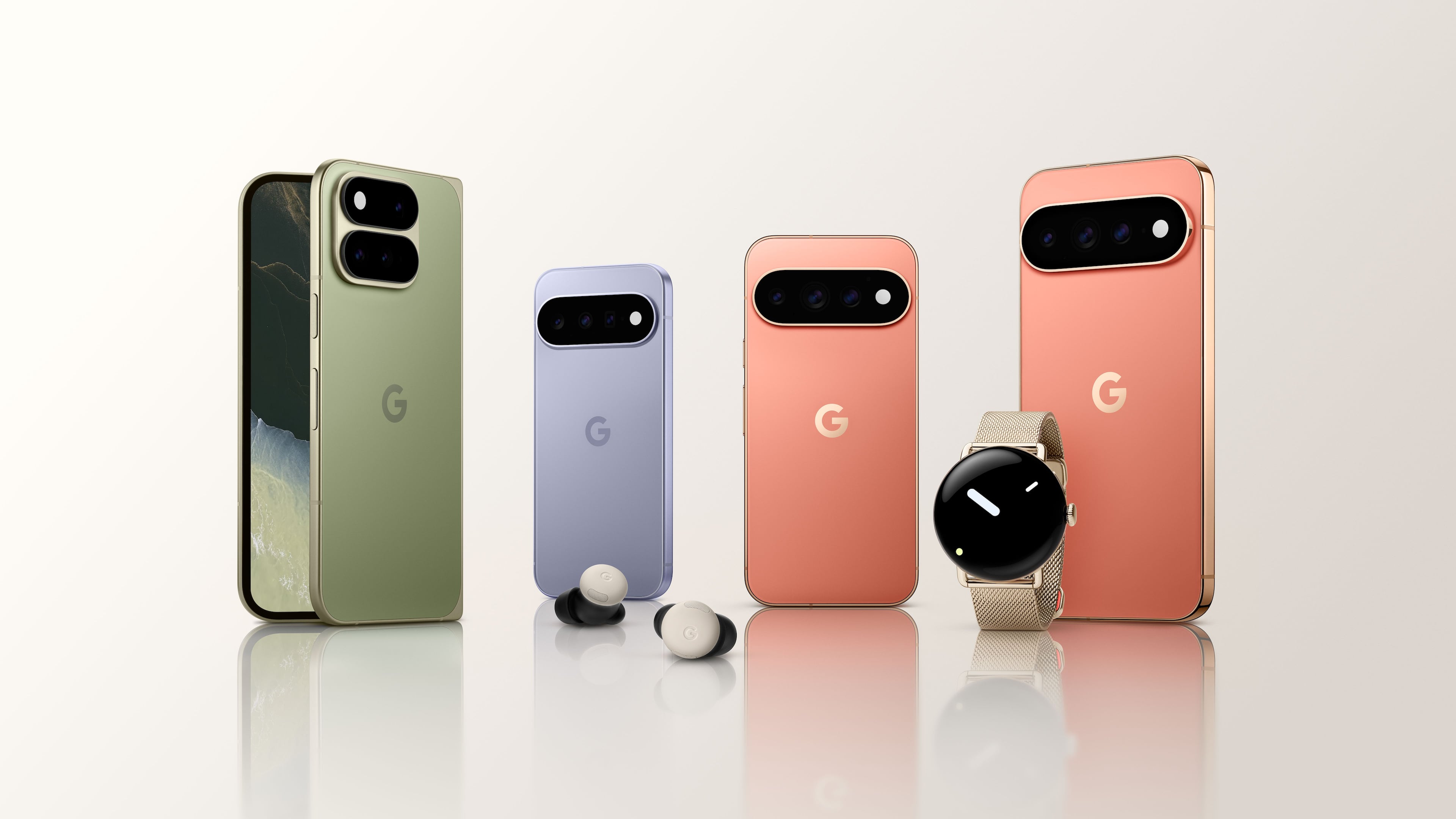 This image provided by Google in August 2026 shows its lineup of Pixel 11 phones, the Pixel Watch 5 and ear buds. (Google via AP)